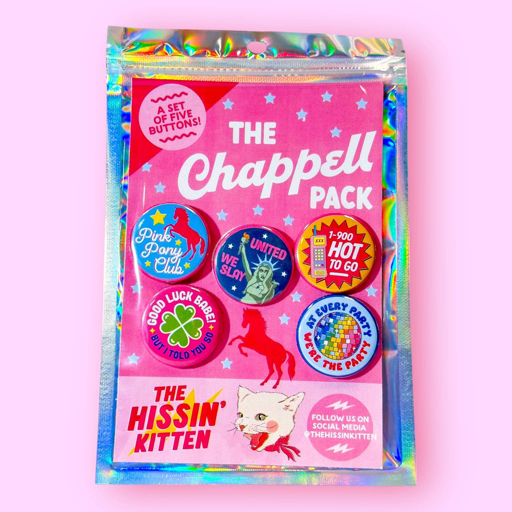 Pack of buttons with 'The Chappell Pack' branding on a pink background