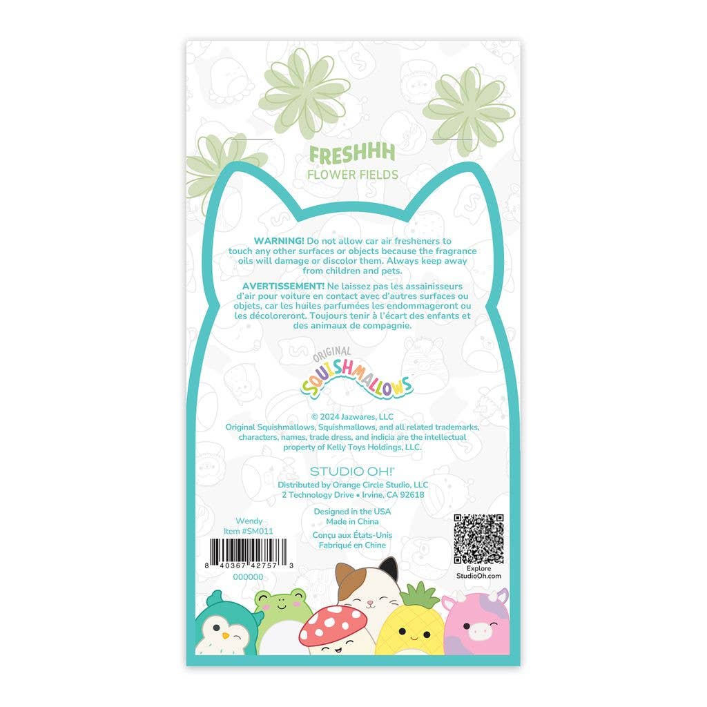 Back of car air freshener packaging with cartoon characters and branding.