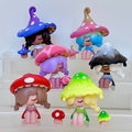Colorful mushroom-shaped figurines with different hairstyles and outfits on a white background