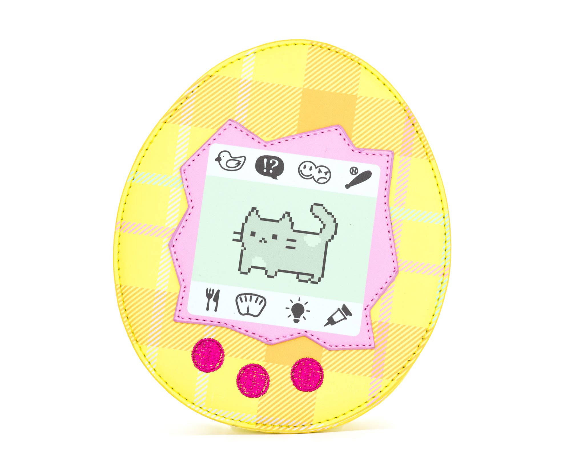 Yellow virtual pet crossbody bag with a cat on it with a white background