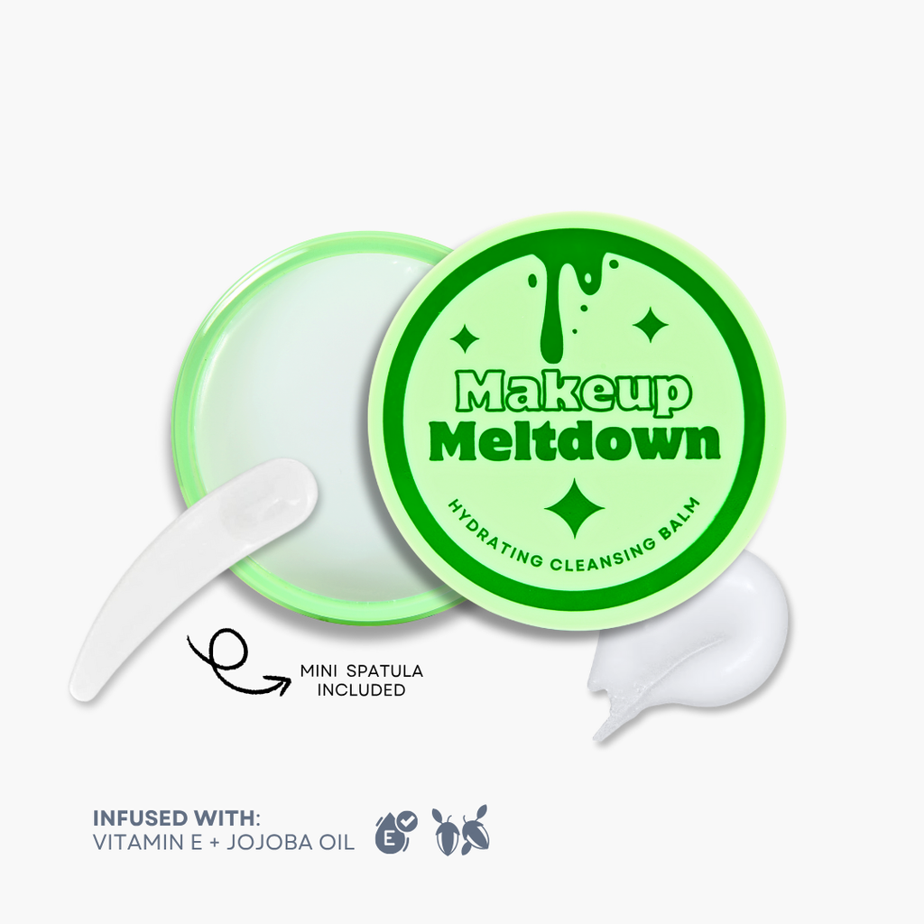 Makeup Meltdown hydrating cleansing balm with a spatula on a white background