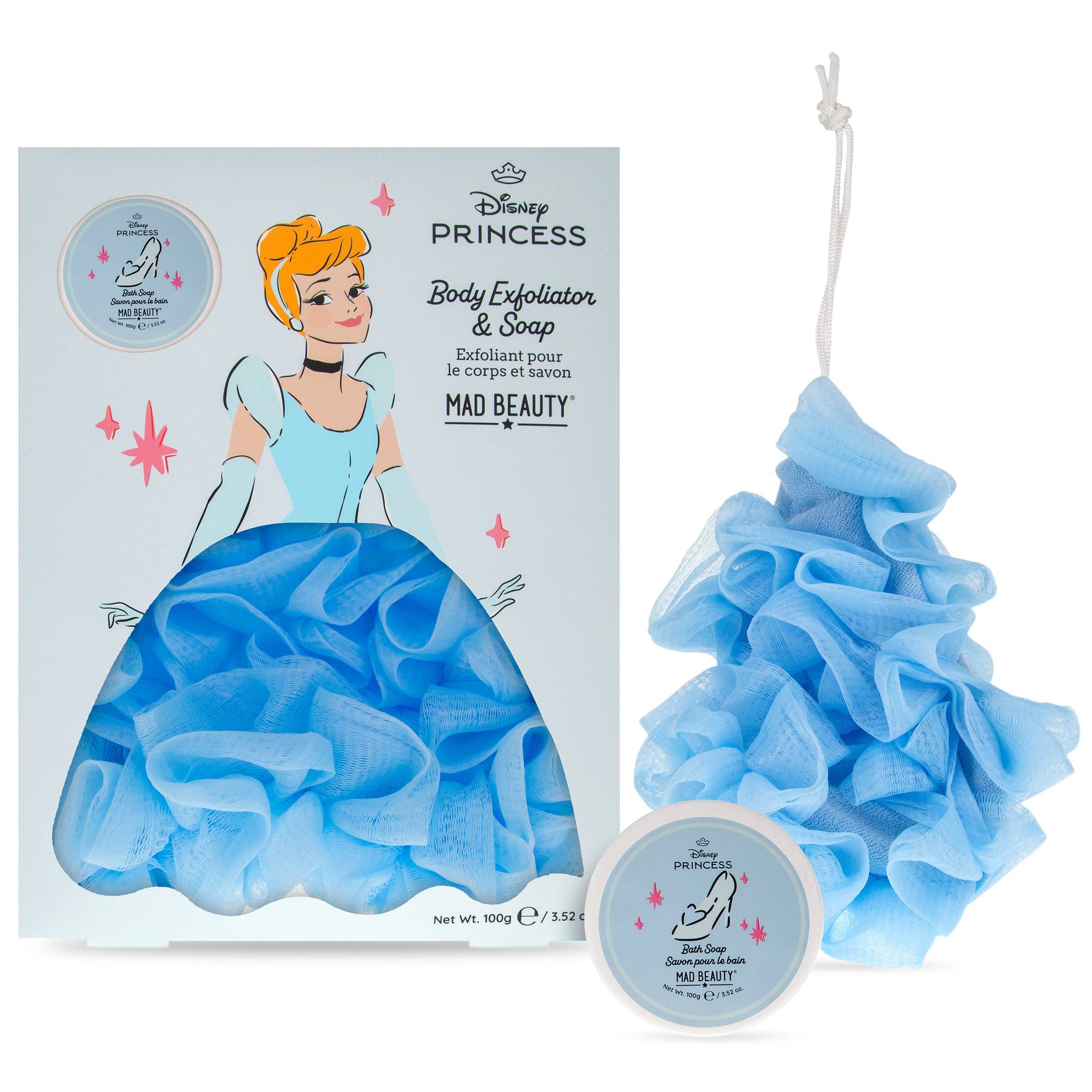 Disney Princess body exfoliator and soap set with packaging featuring Cinderella.