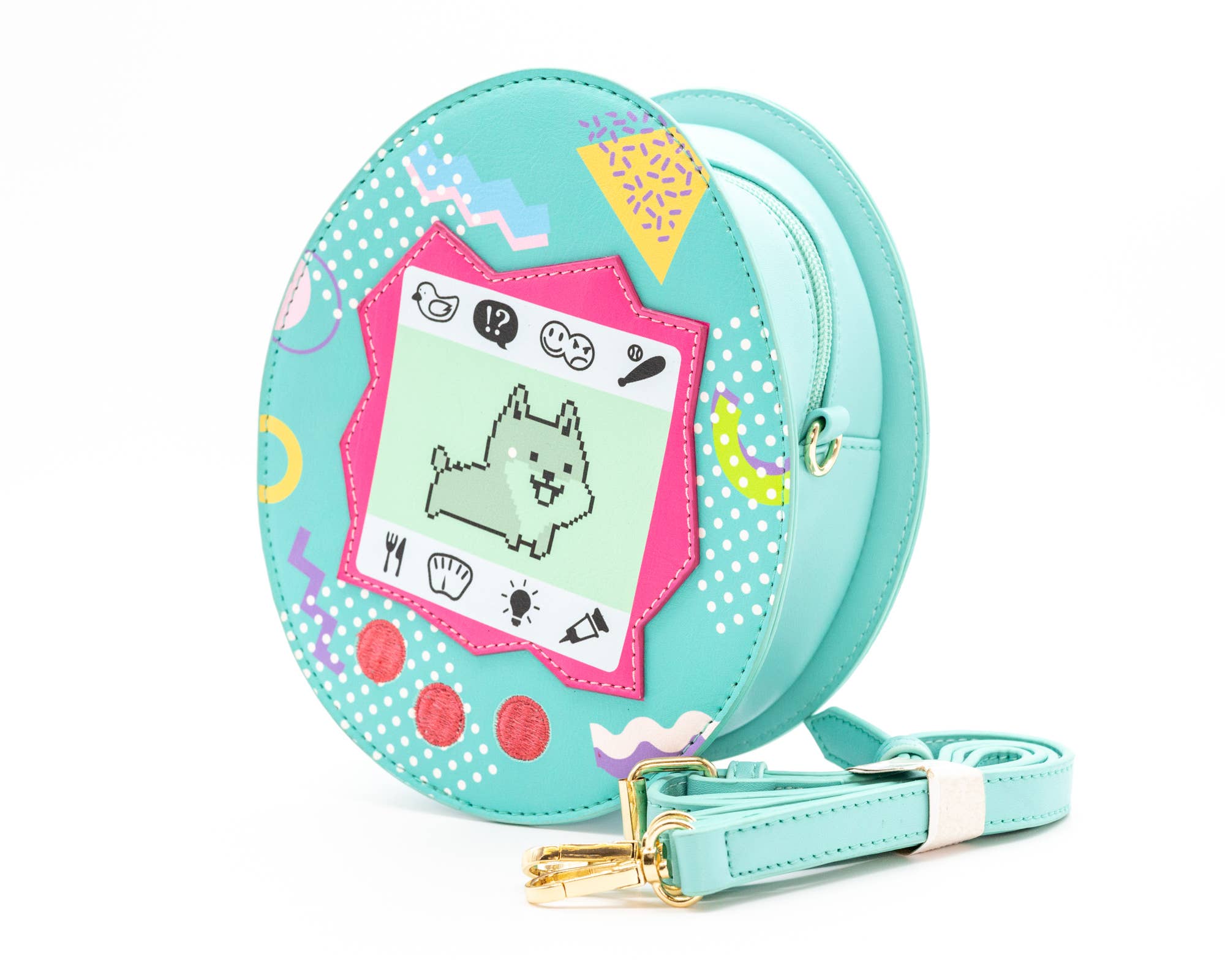 Blue virtual pet crossbody bag with a dog on it with a white background