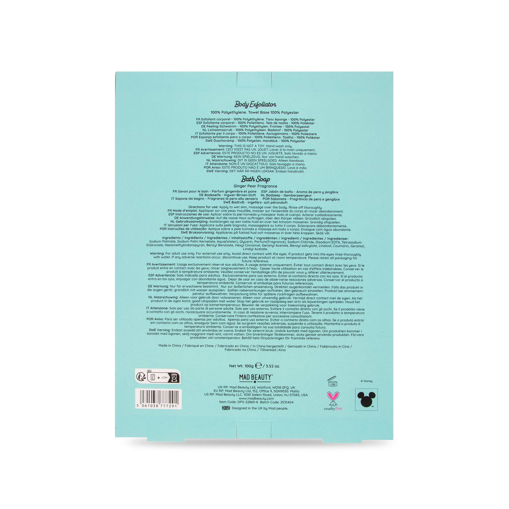 Back of a product packaging with text and branding on a light blue background