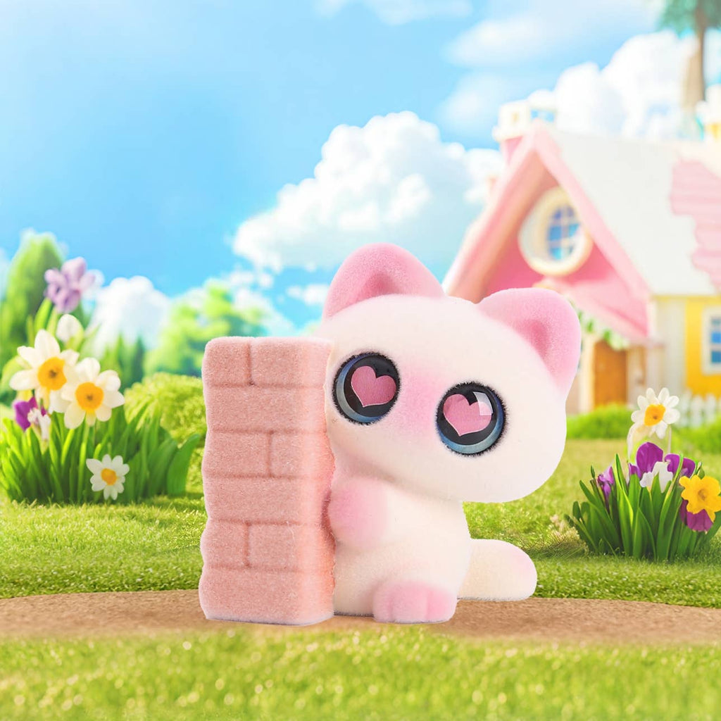 Pink and white figure with heart eyes in a colorful outdoor setting