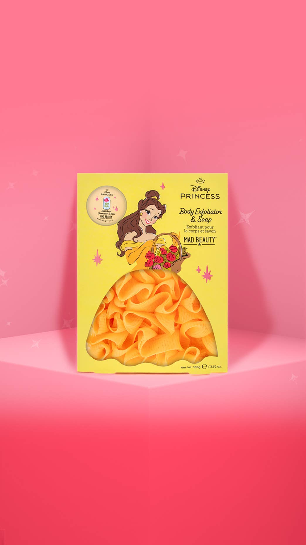 Disney Princess Belle body lotion and soap packaging on a pink background