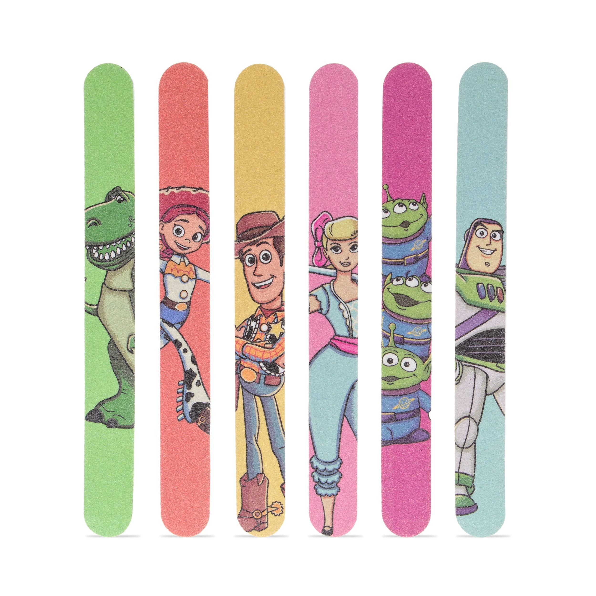 Set of colorful nail files with Toy Story characters on a white background