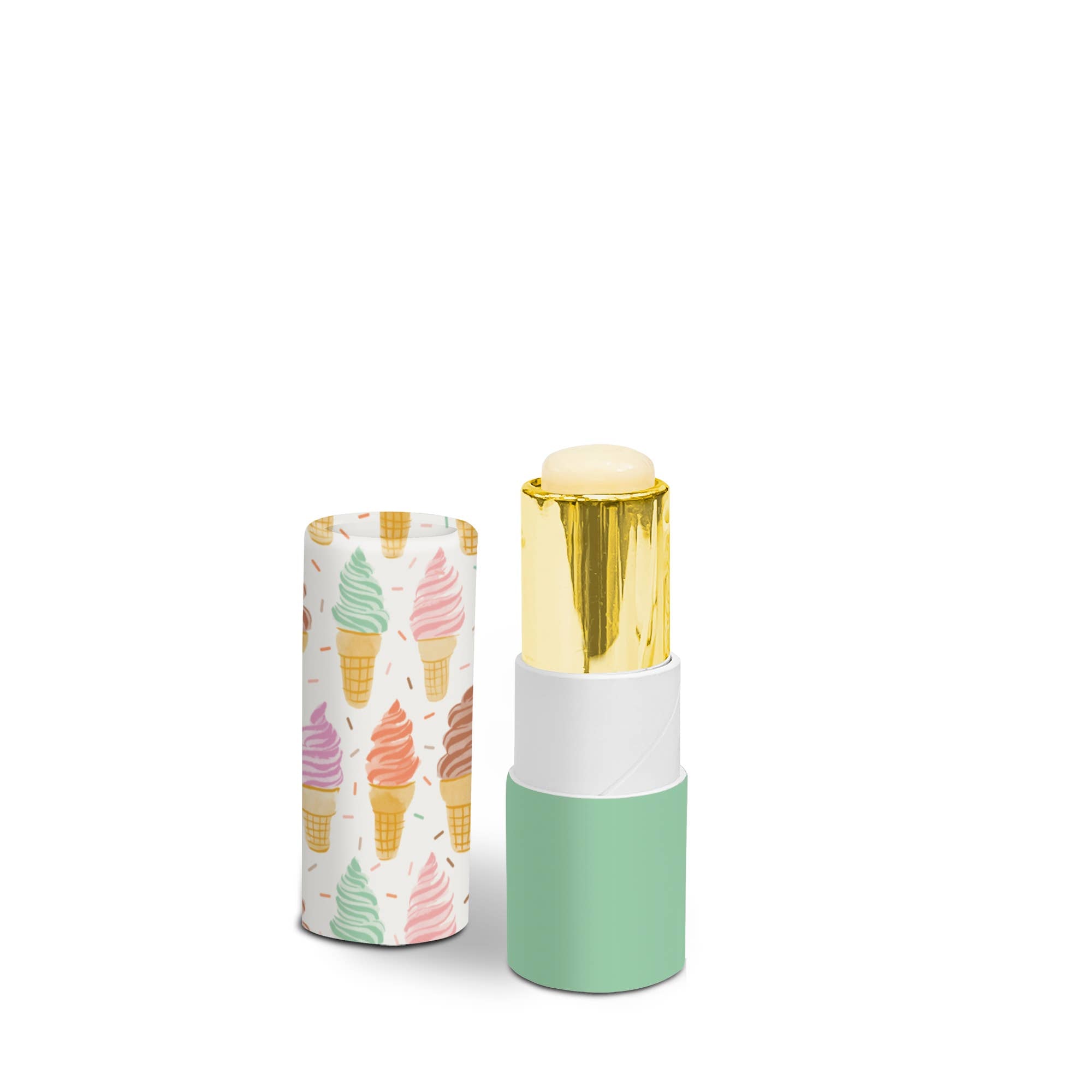 Lip balm with a gold cap and white and green base, featuring ice cream cone design on the container.