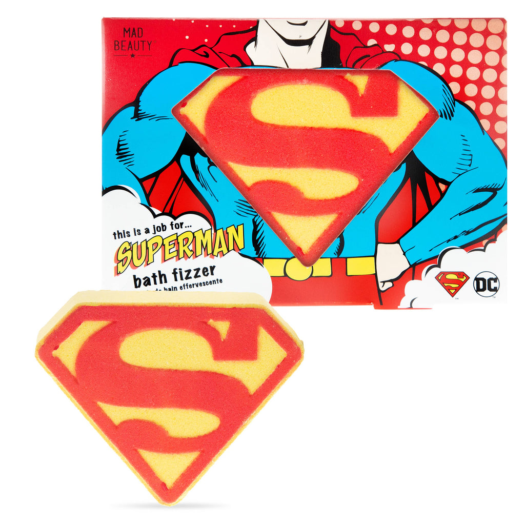 Superman bath fizzer with packaging featuring the Superman logo and DC Comics branding.