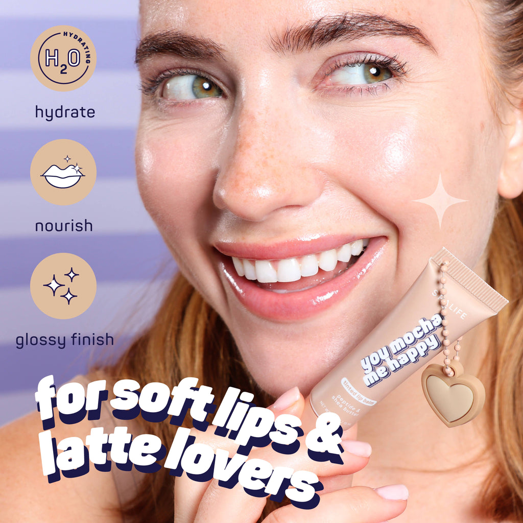 Woman holding a lip balm with product features displayed on a purple background