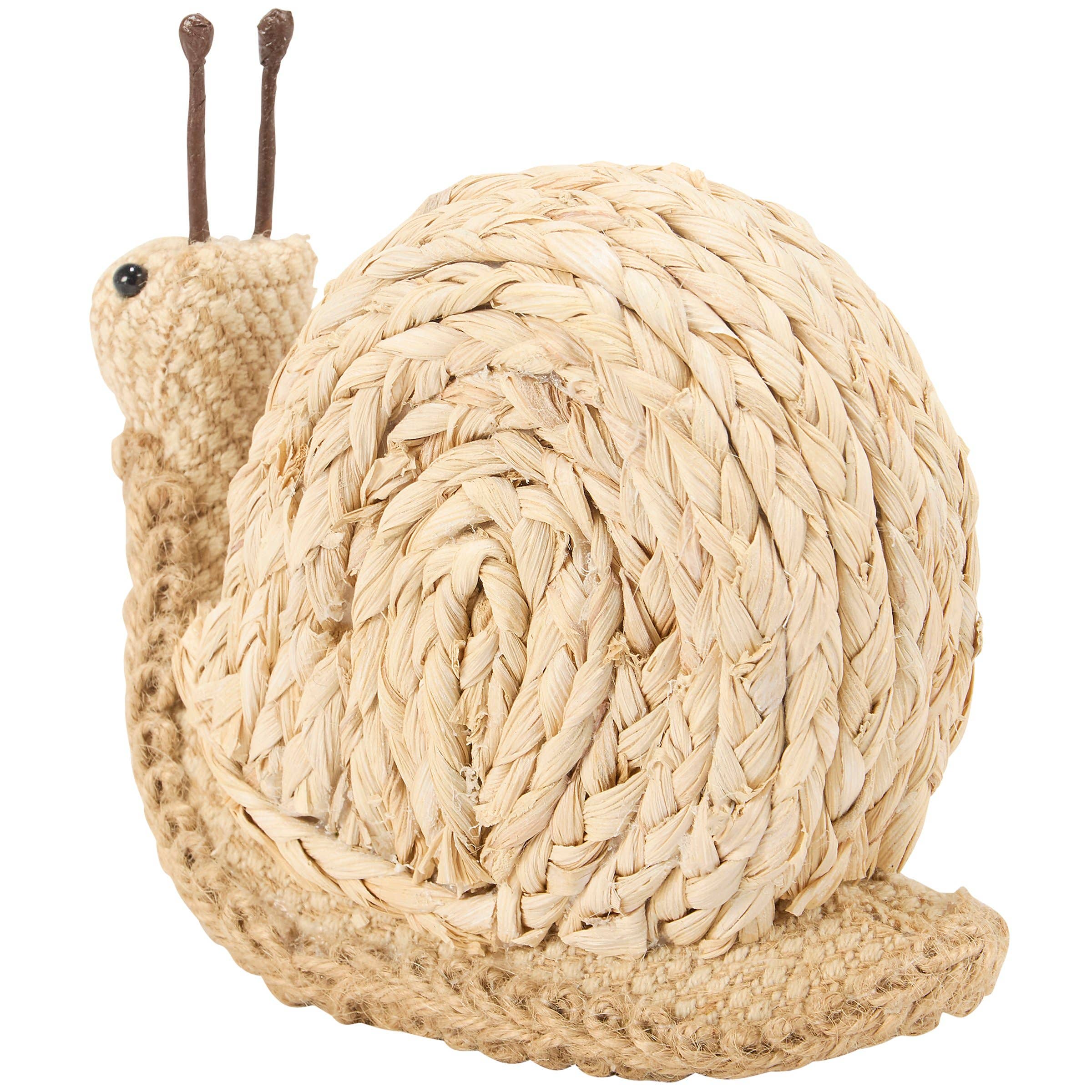 Woven snail sculpture on a white background