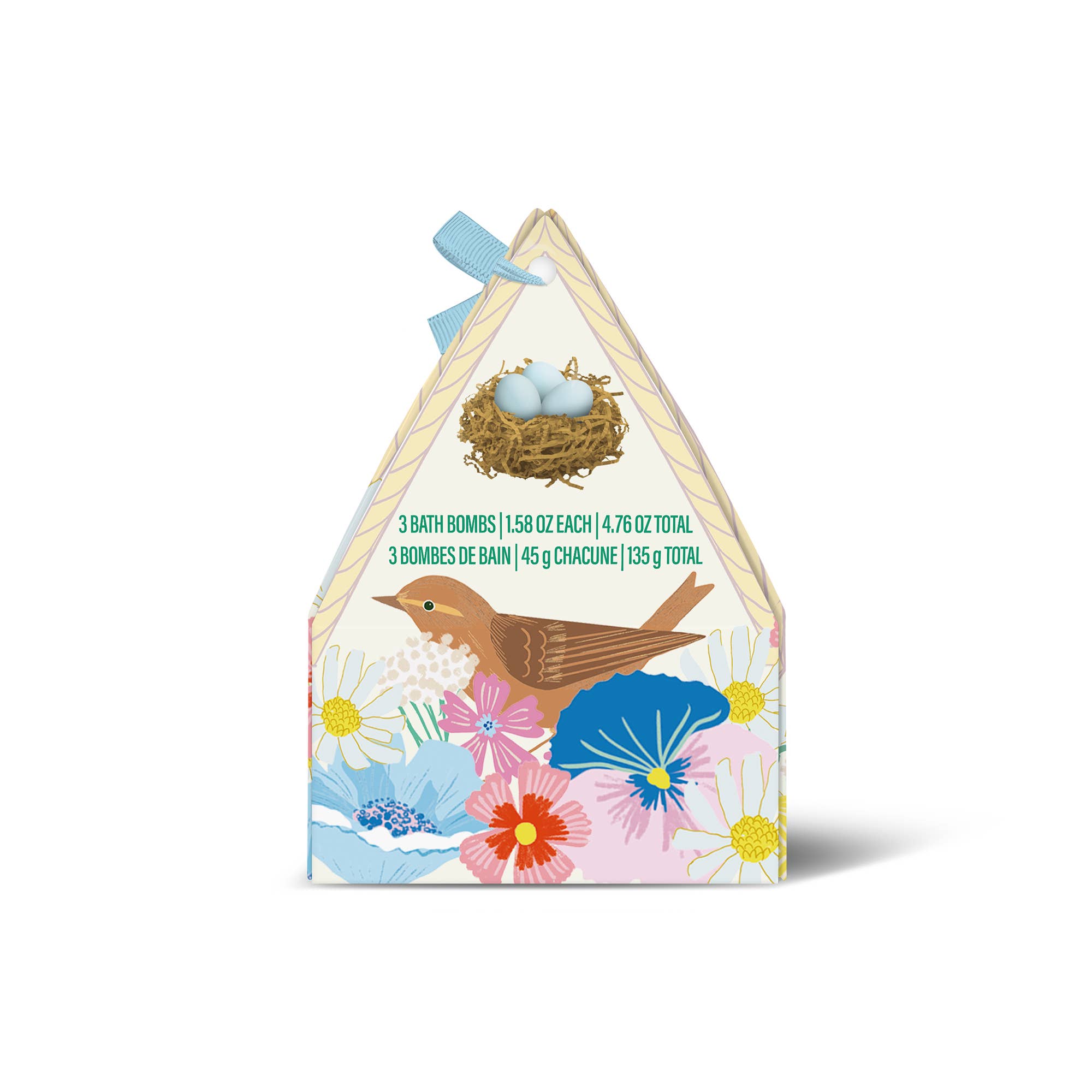 Packaging with bird and nest design on a white background