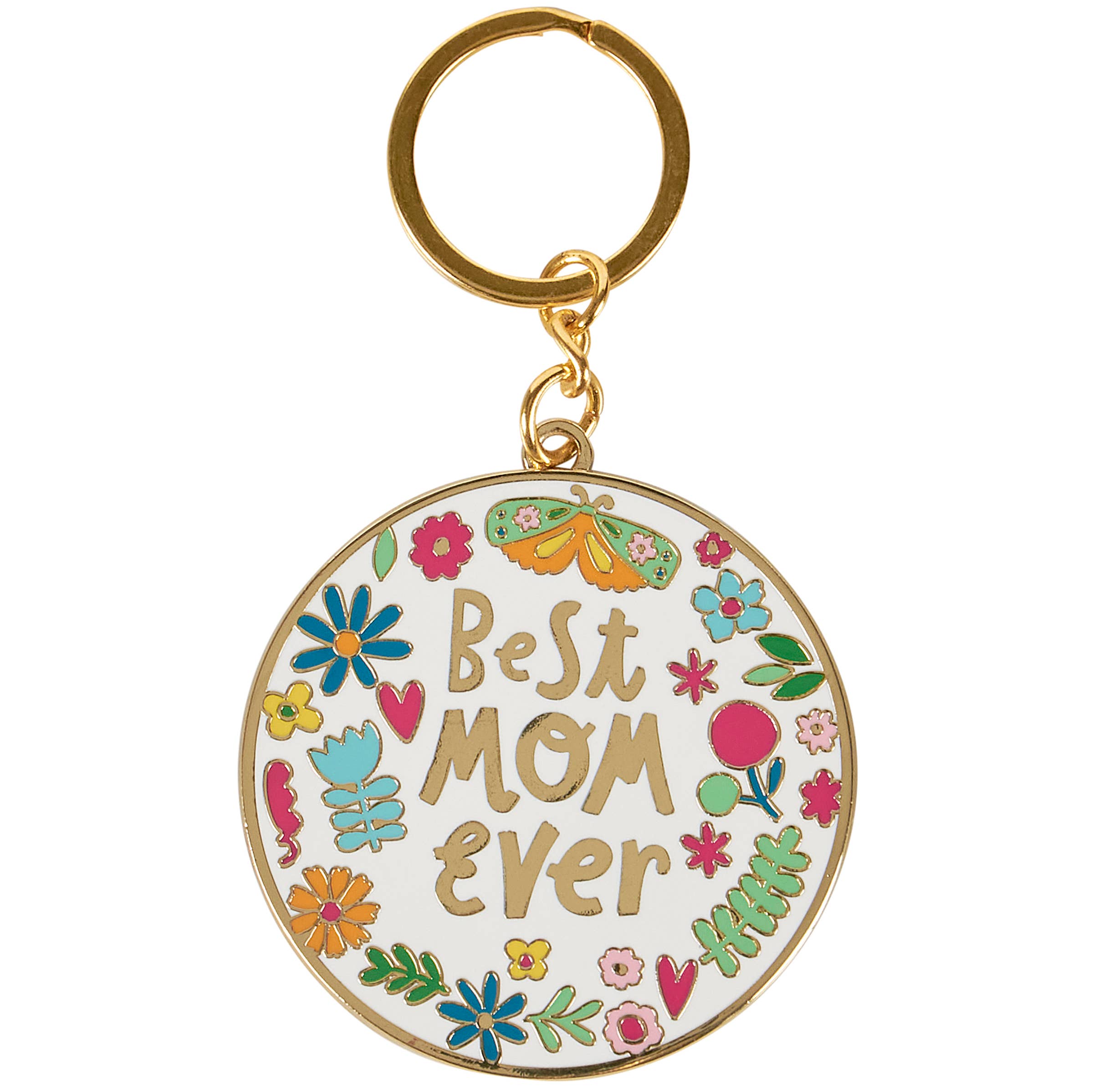 Keychain with 'Best Mom Ever' text and floral designs on a white background