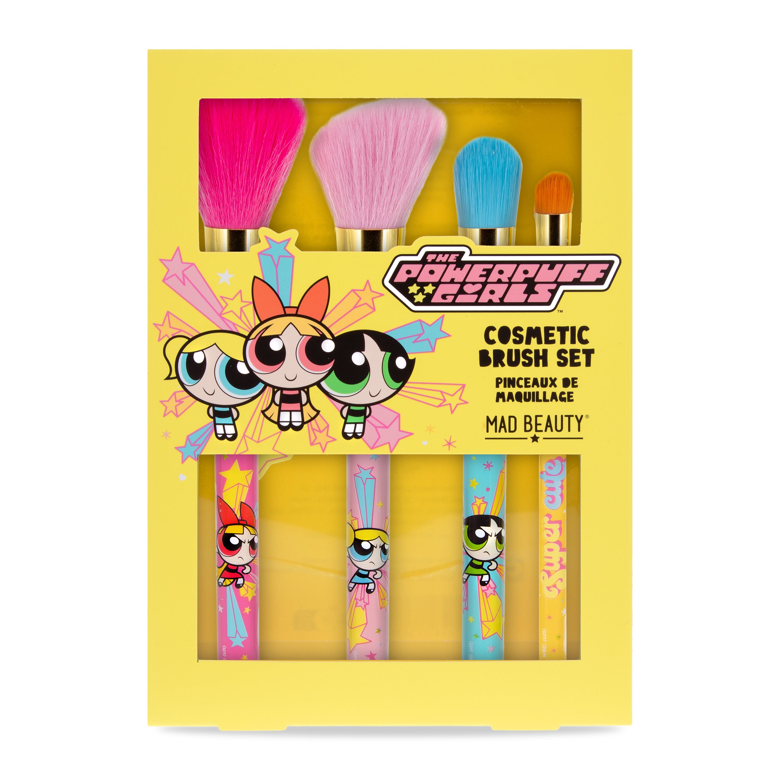 Powerpuff girls makeup brush set in a yellow box on a white background