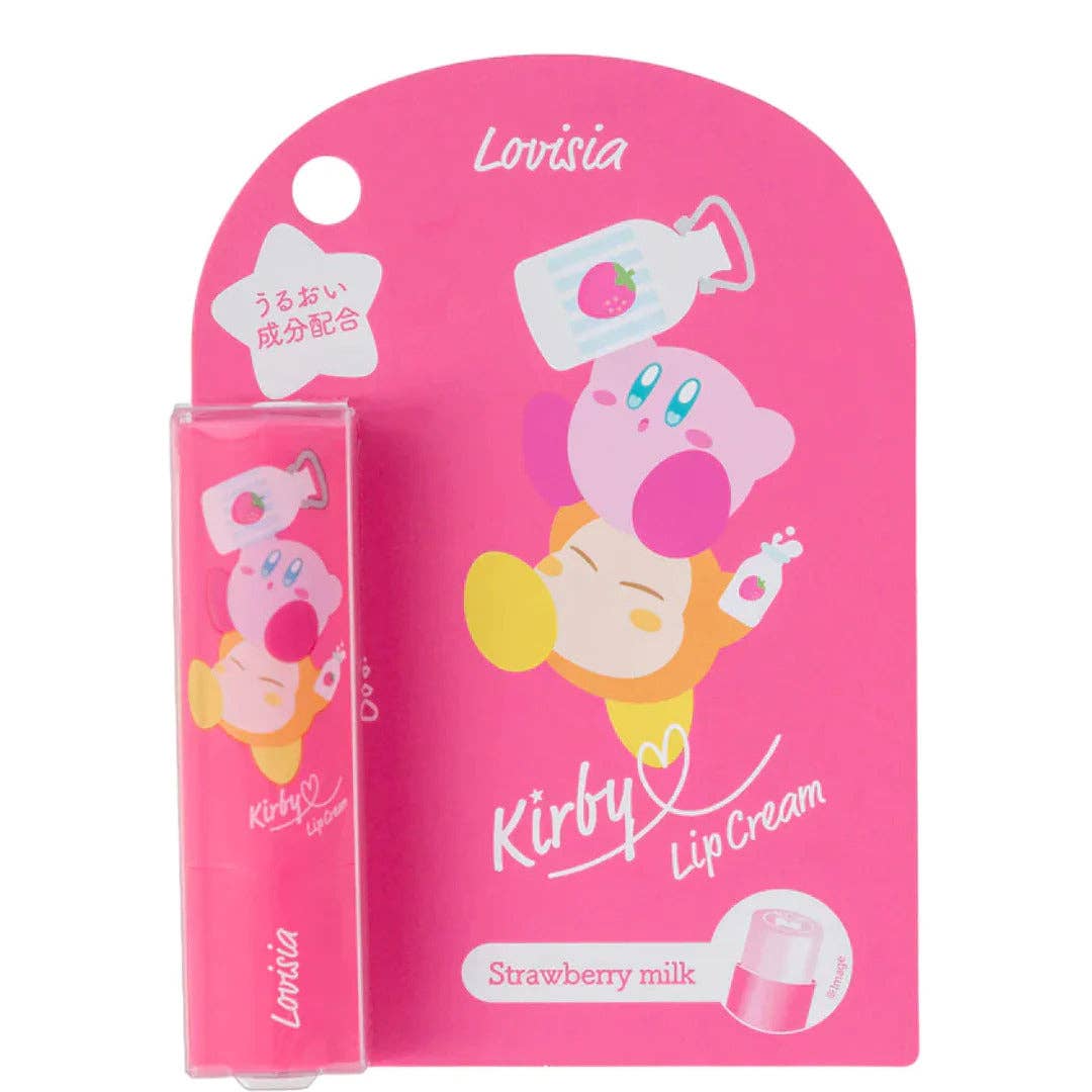 Pink Kirby lip balm against a white background