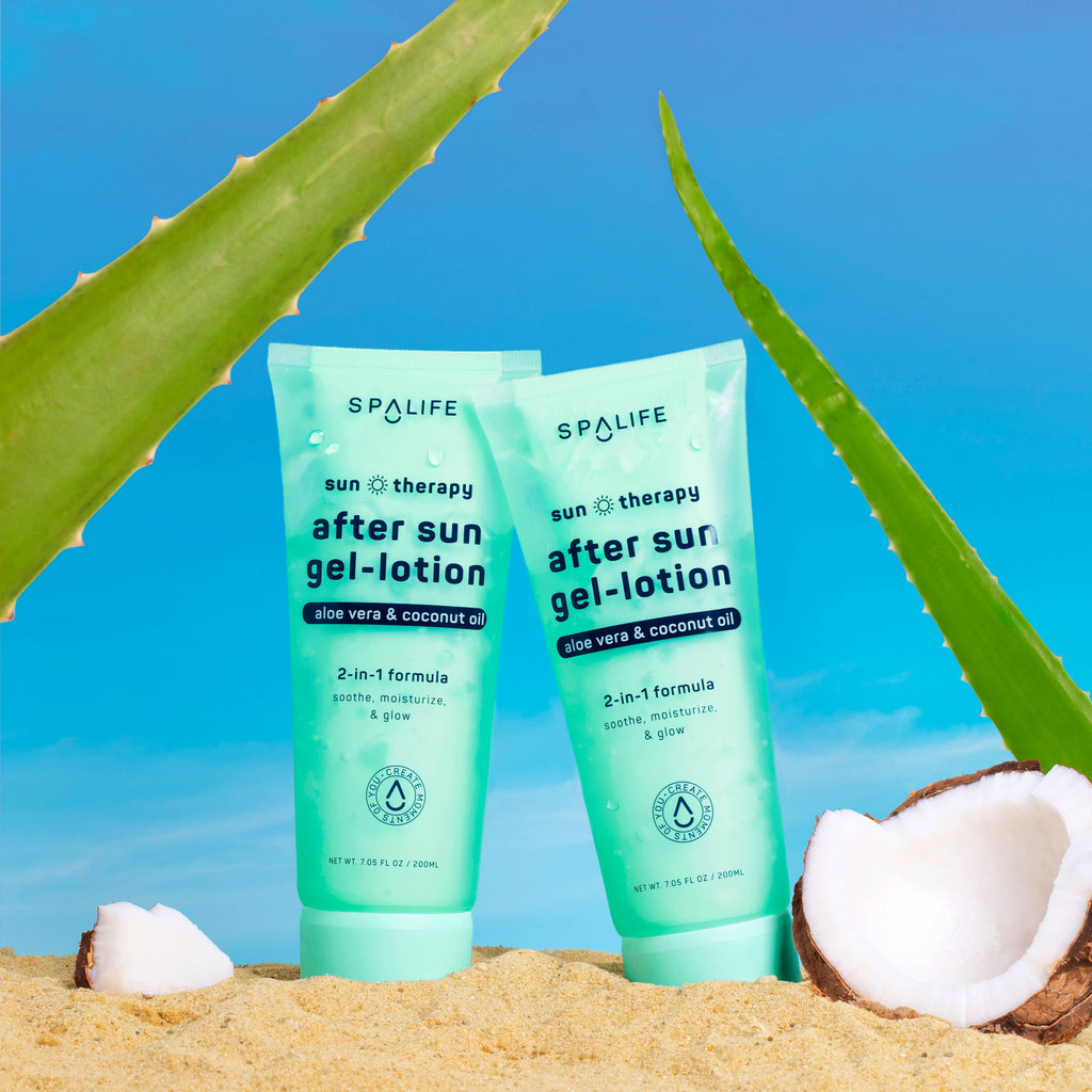Two tubes of SpaLife after sun gel-lotion with aloe vera and coconut oil on a sandy background with aloe leaves and coconuts.