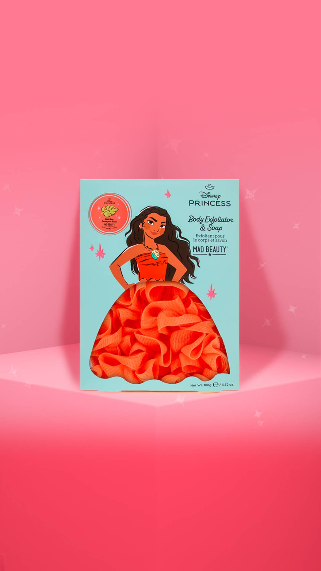 Product packaging with a character in a red dress on a pink background