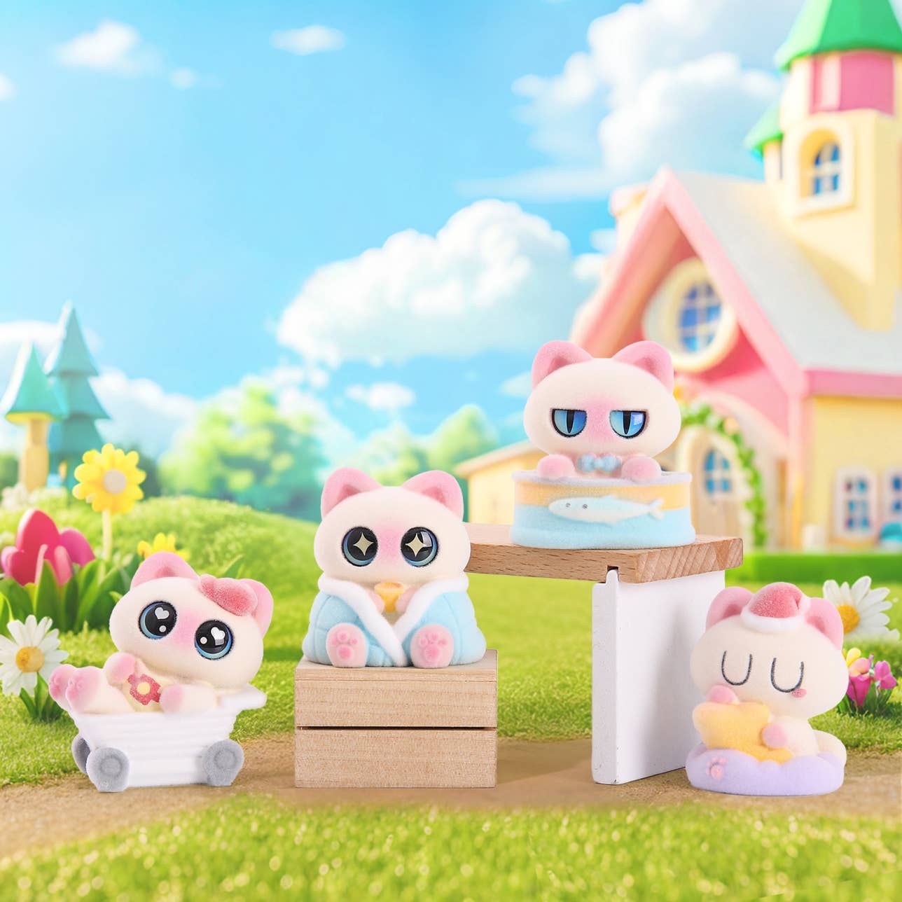 Toy figures of pink and white animal-like characters in a colorful outdoor setting with a house and flowers.