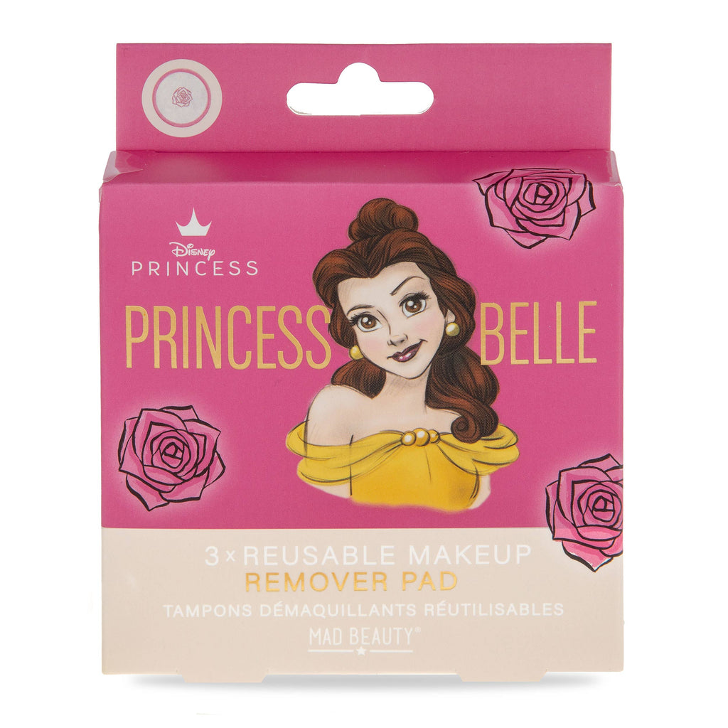 Pack of Princess Belle reusable makeup remover pads with pink and yellow design.