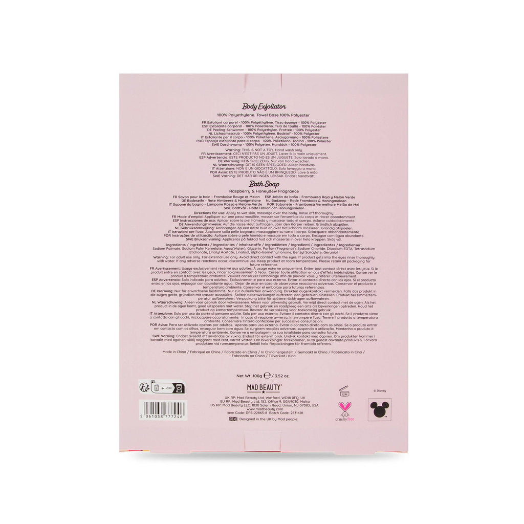 Back of a product packaging with text and branding on a pink background