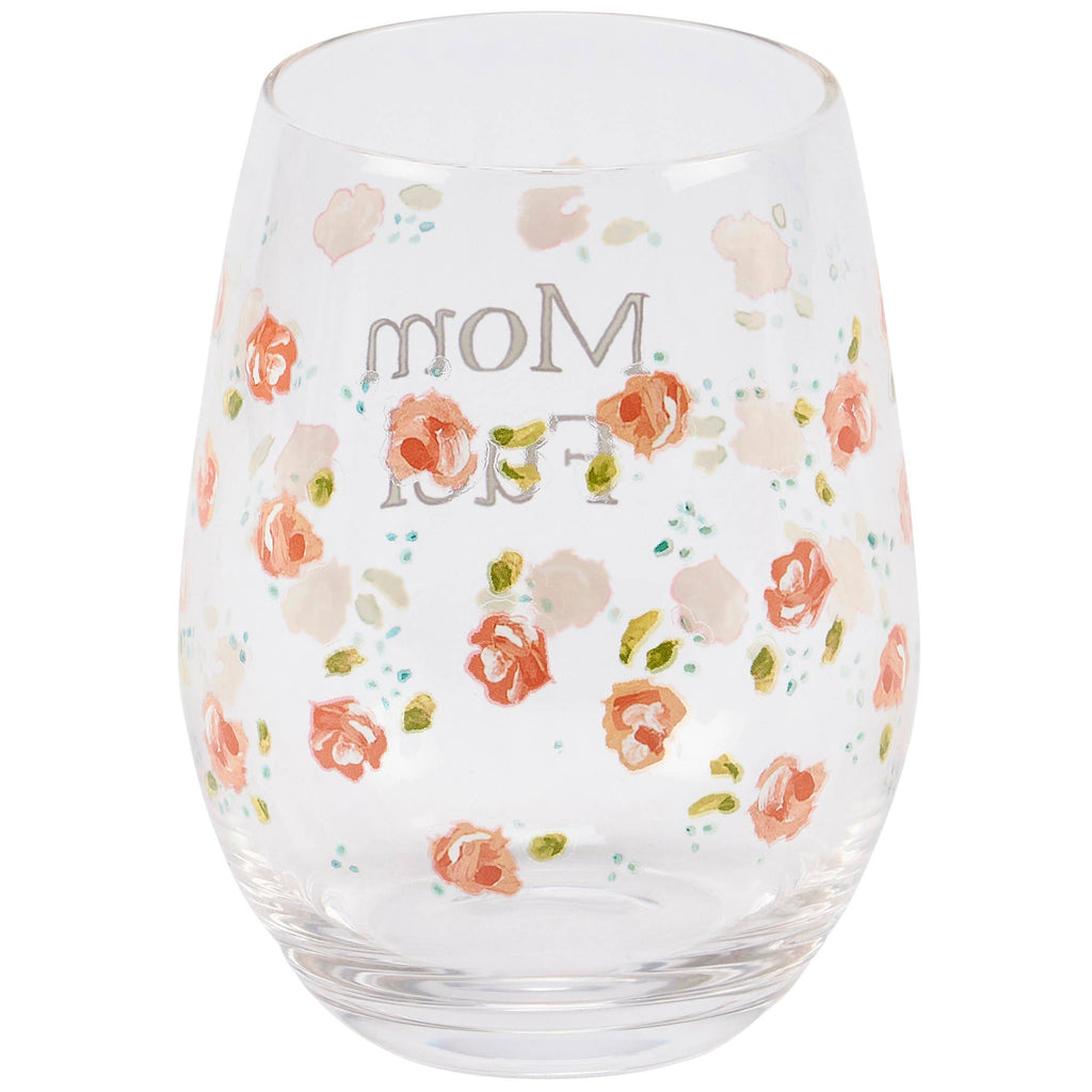 Clear glass with floral design and 'mom fuel' text on a white background
