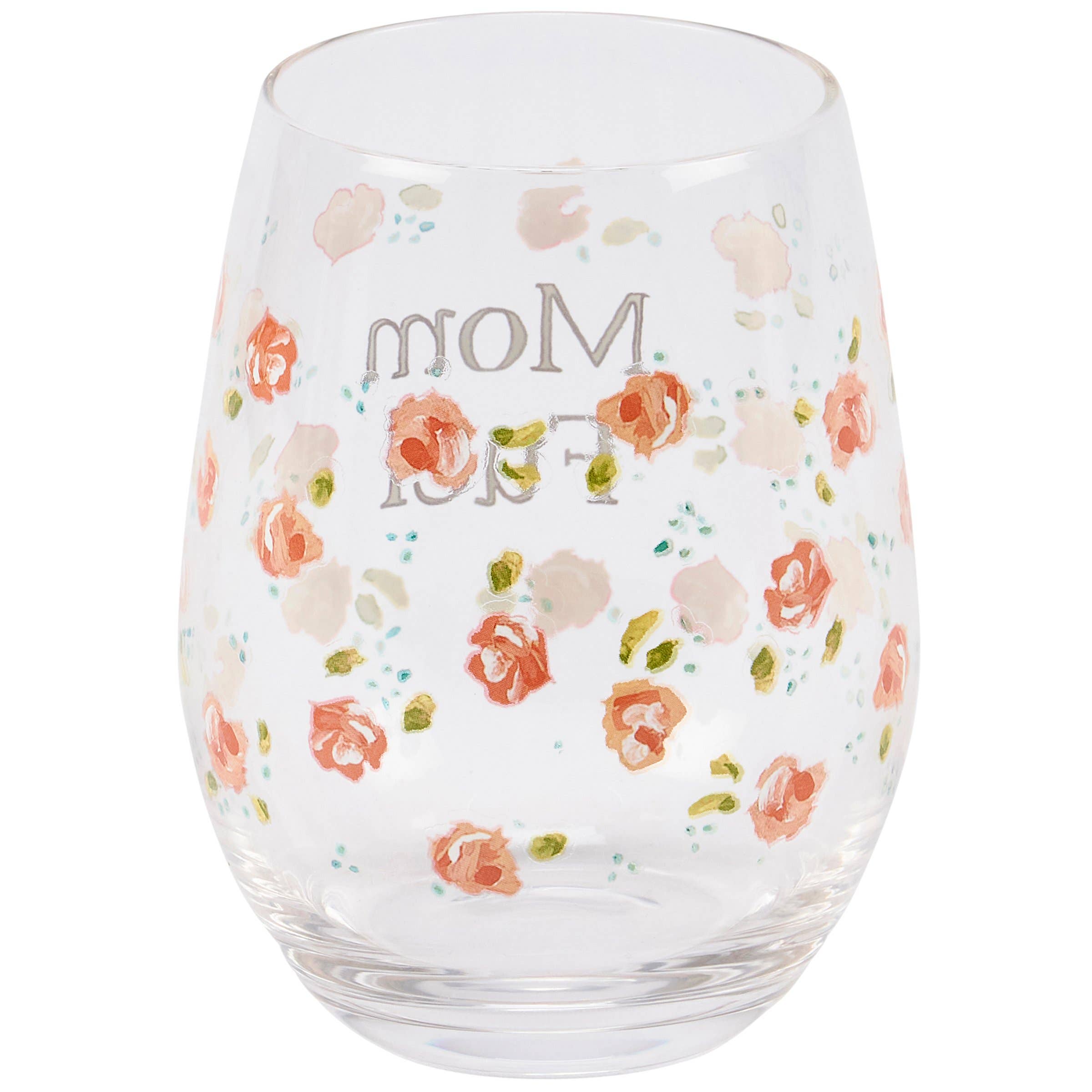 Clear glass with floral design and 'mom fuel' text on a white background