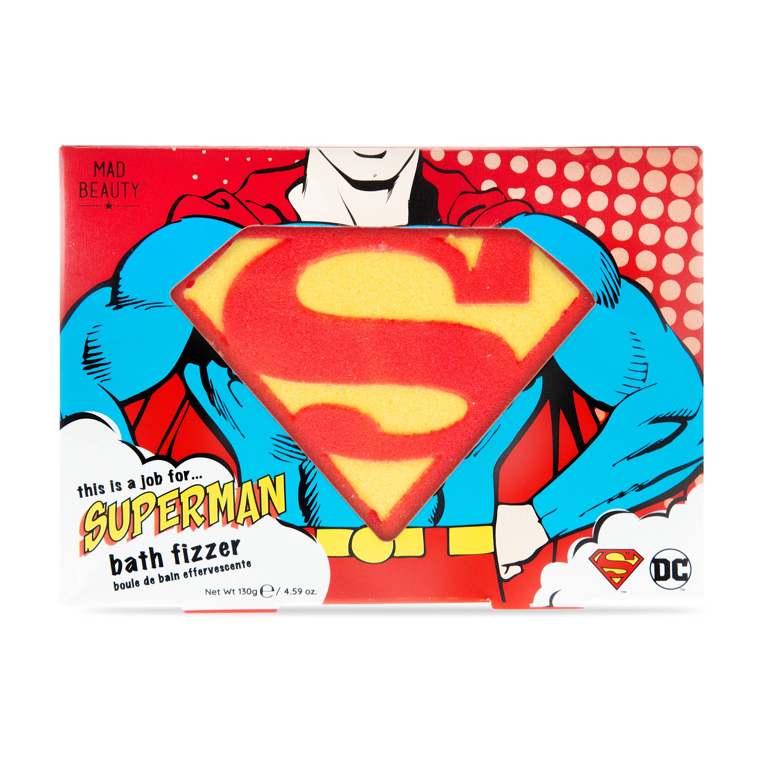 Superman bath fizzer packaging with red and blue design