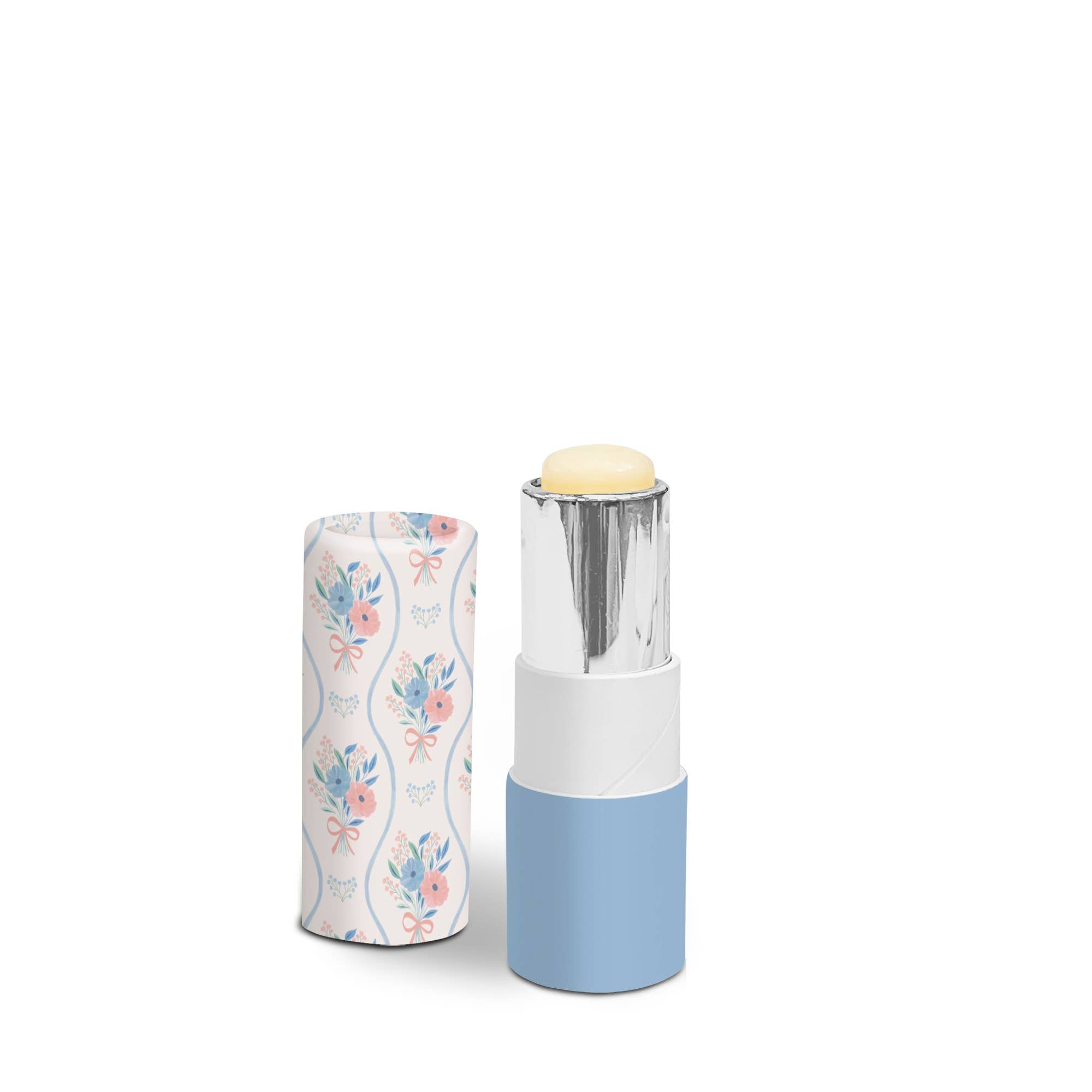Lip balm with floral container on a white background