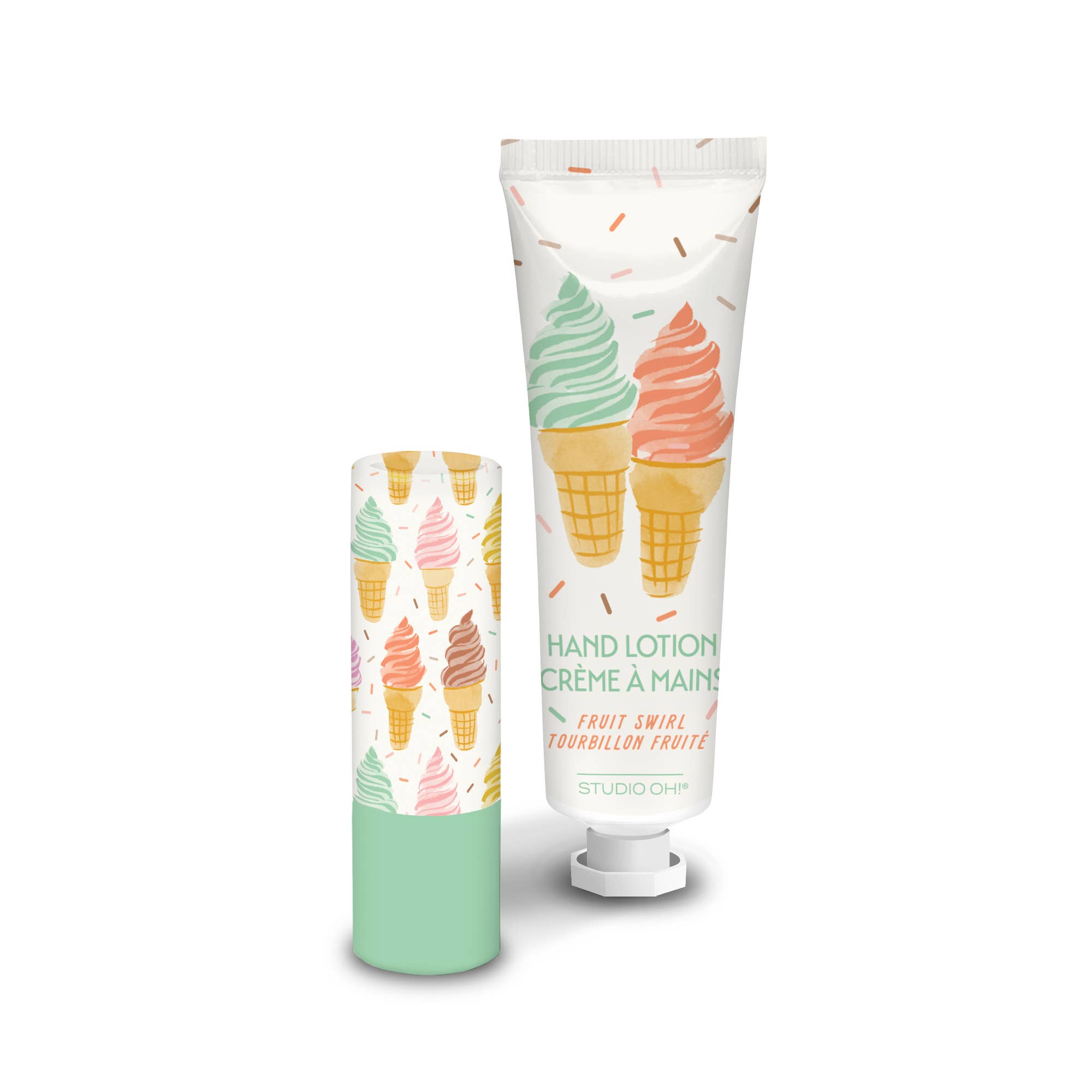 Hand lotion with ice cream cone design on a white background