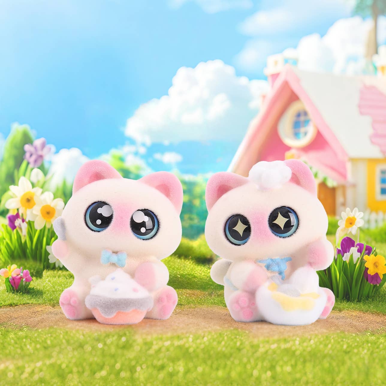 Two pink and white figures with large eyes in a colorful outdoor setting with flowers and a house.