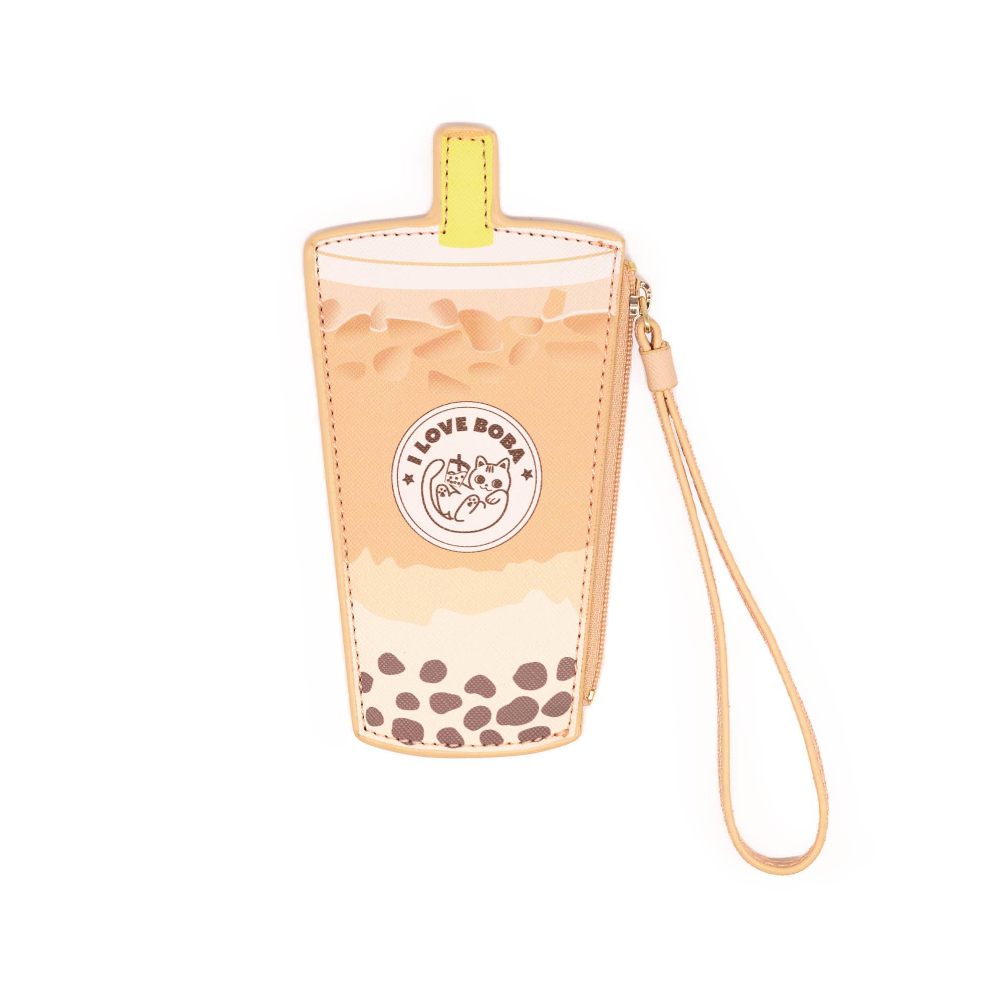 Brown bubble tea wristlet against a white background