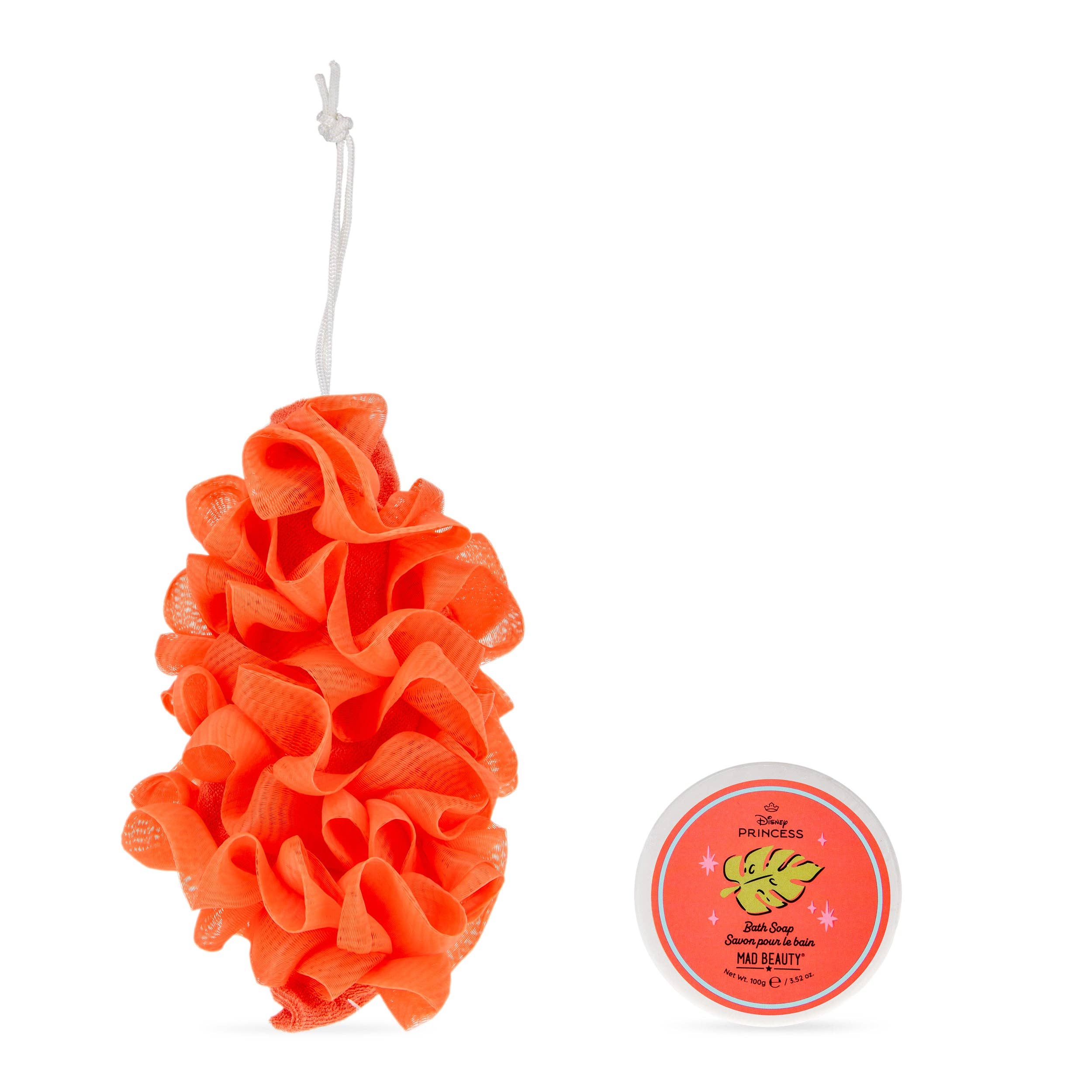 Orange loofah sponge with a small container labeled 'Disney Princess' on a white background