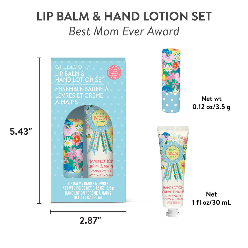 Lip balm and hand lotion set with packaging and measurements on a white background