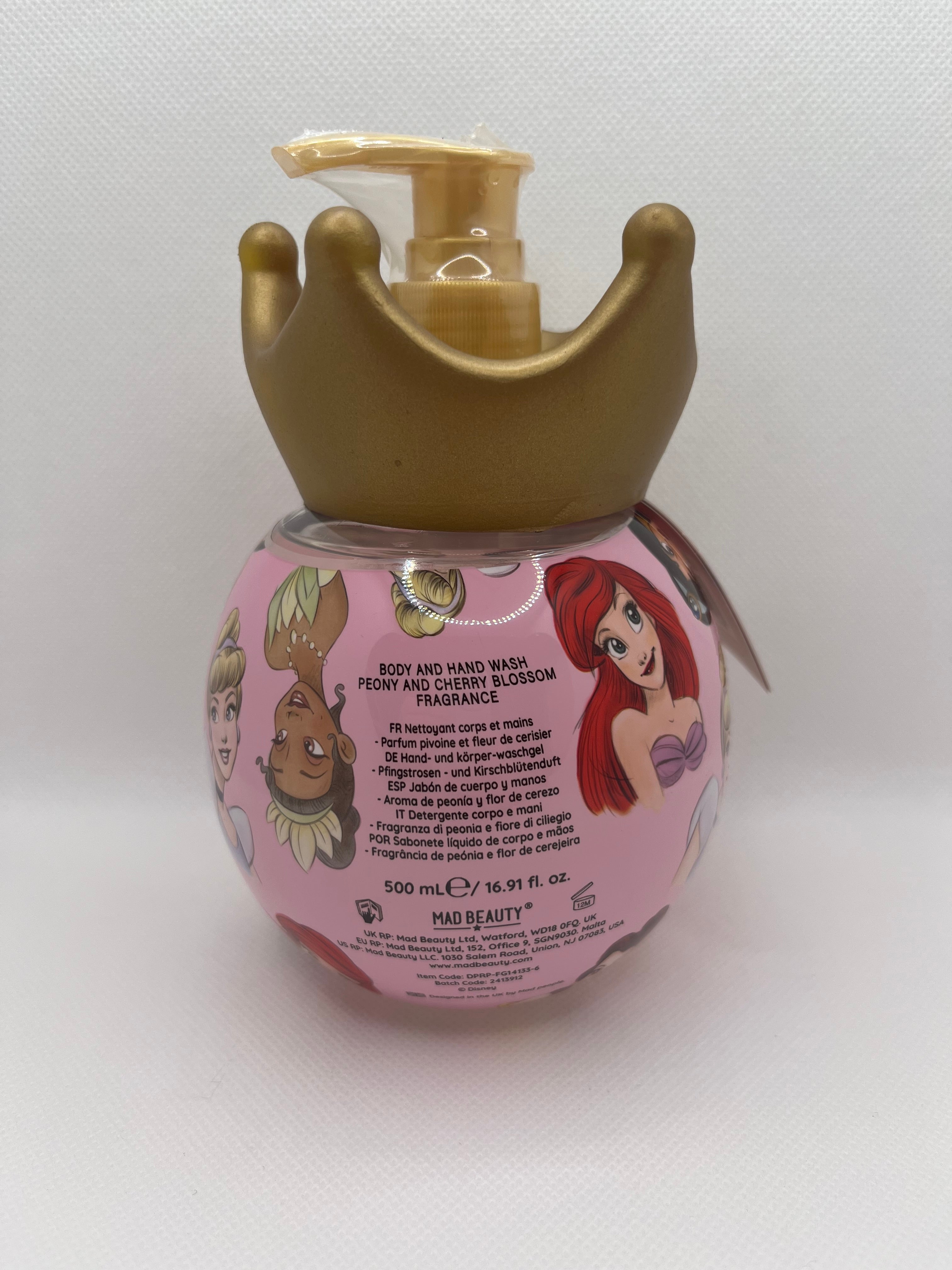 Body wash pump bottle with princess design on a white background