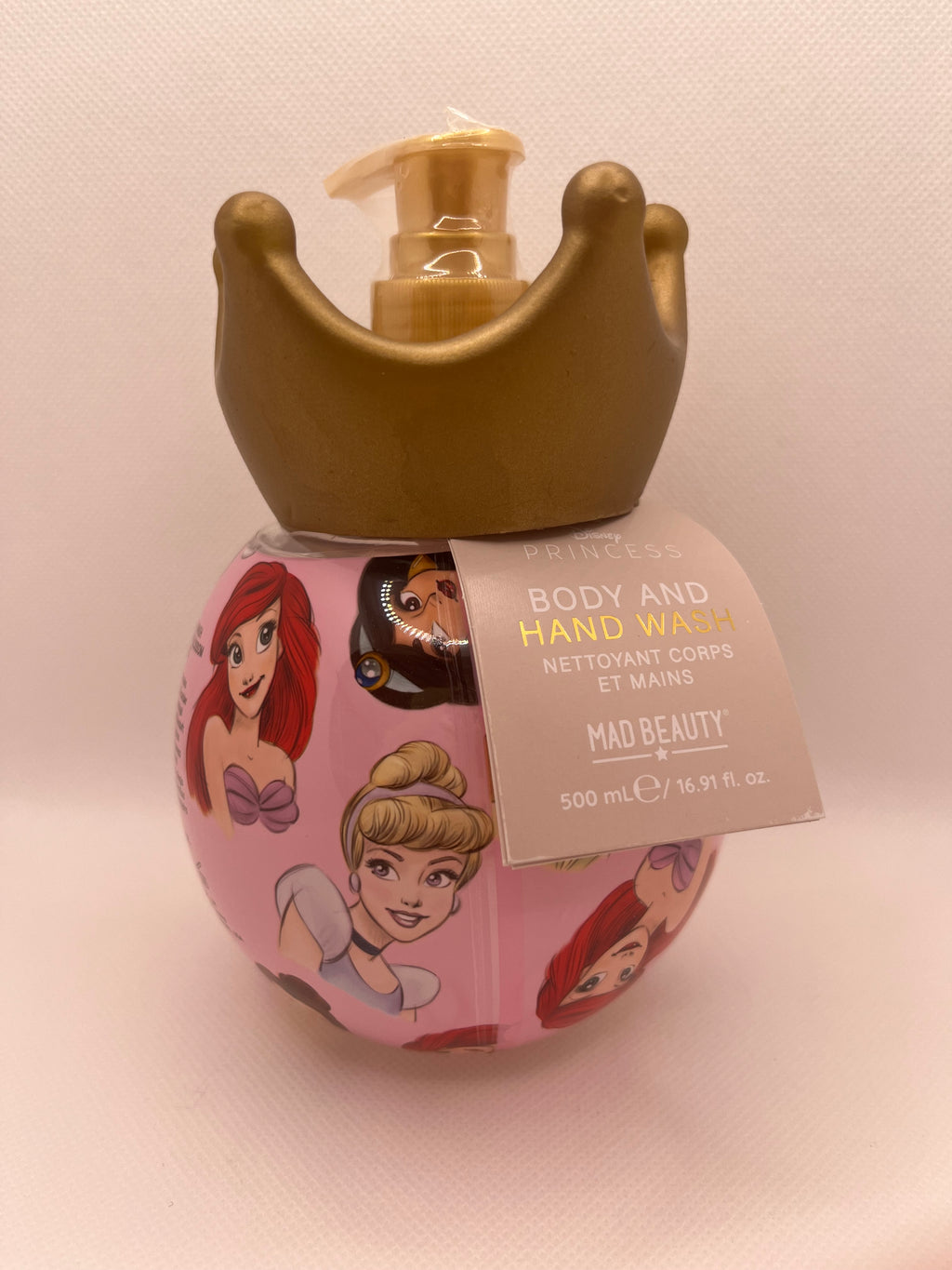 Body wash pump bottle with princess design on a white background