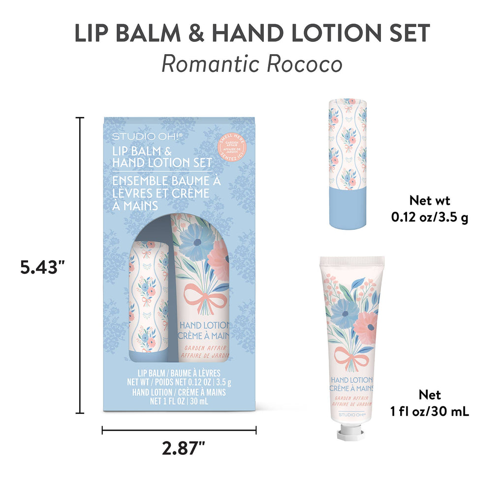 Lip balm and hand lotion set with packaging, labeled 'Romantic Rococo'.