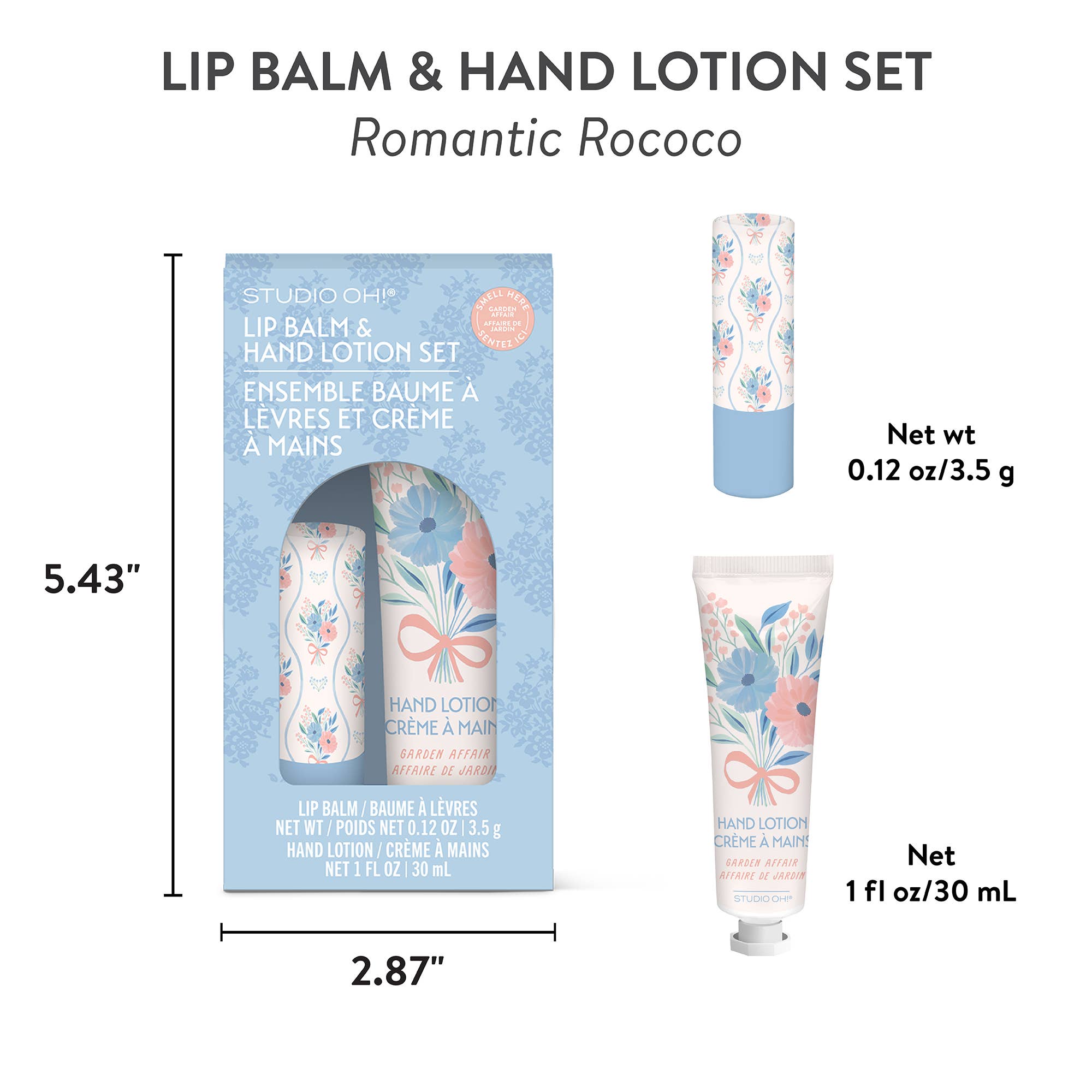 Lip balm and hand lotion set with packaging, labeled 'Romantic Rococo'.