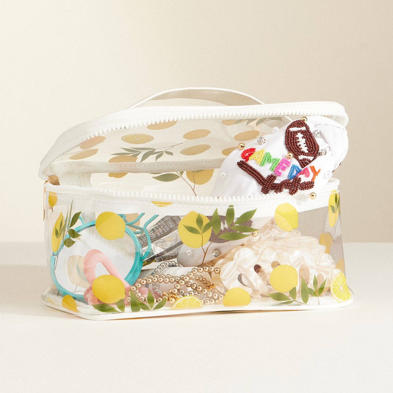 Clear plastic bag with lemon design and colorful text on a white background