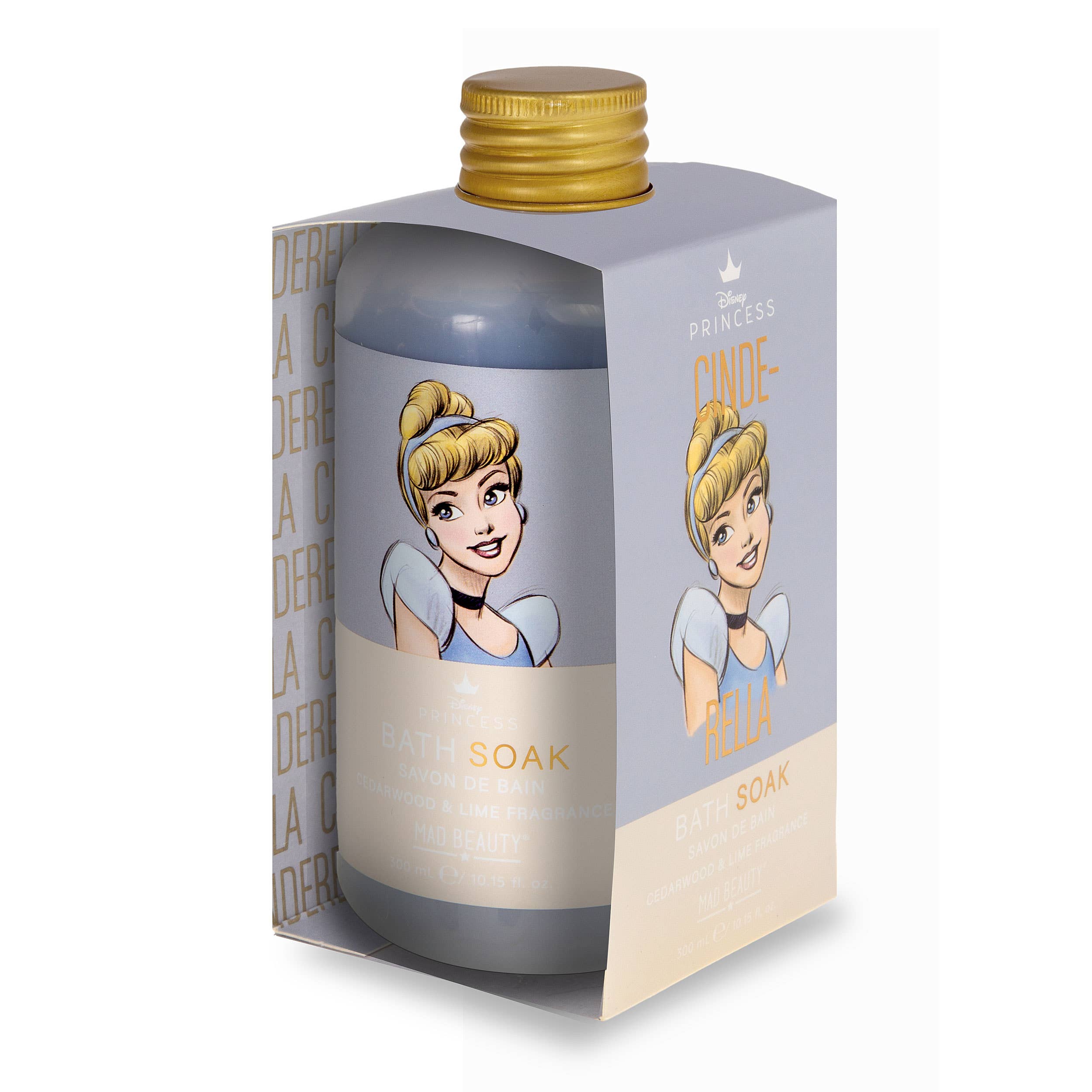 Cinderella-themed bottle with packaging on a white background