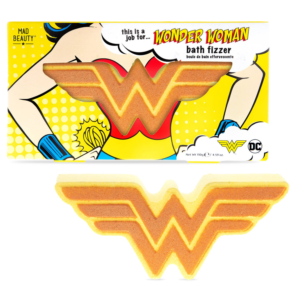 Wonder Woman bath fizzer with packaging featuring the character and DC logo.