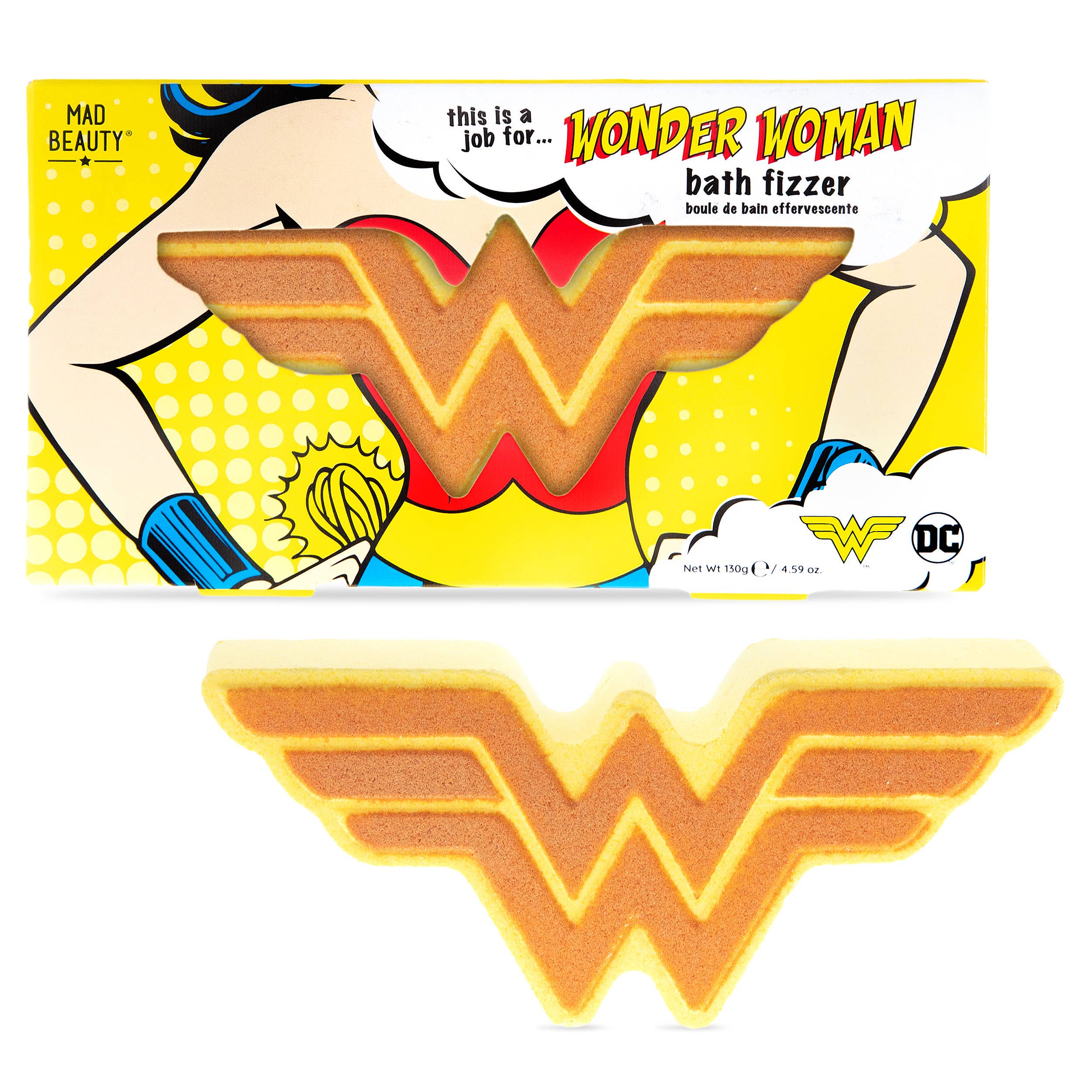 Wonder Woman bath fizzer with packaging featuring the character and DC logo.