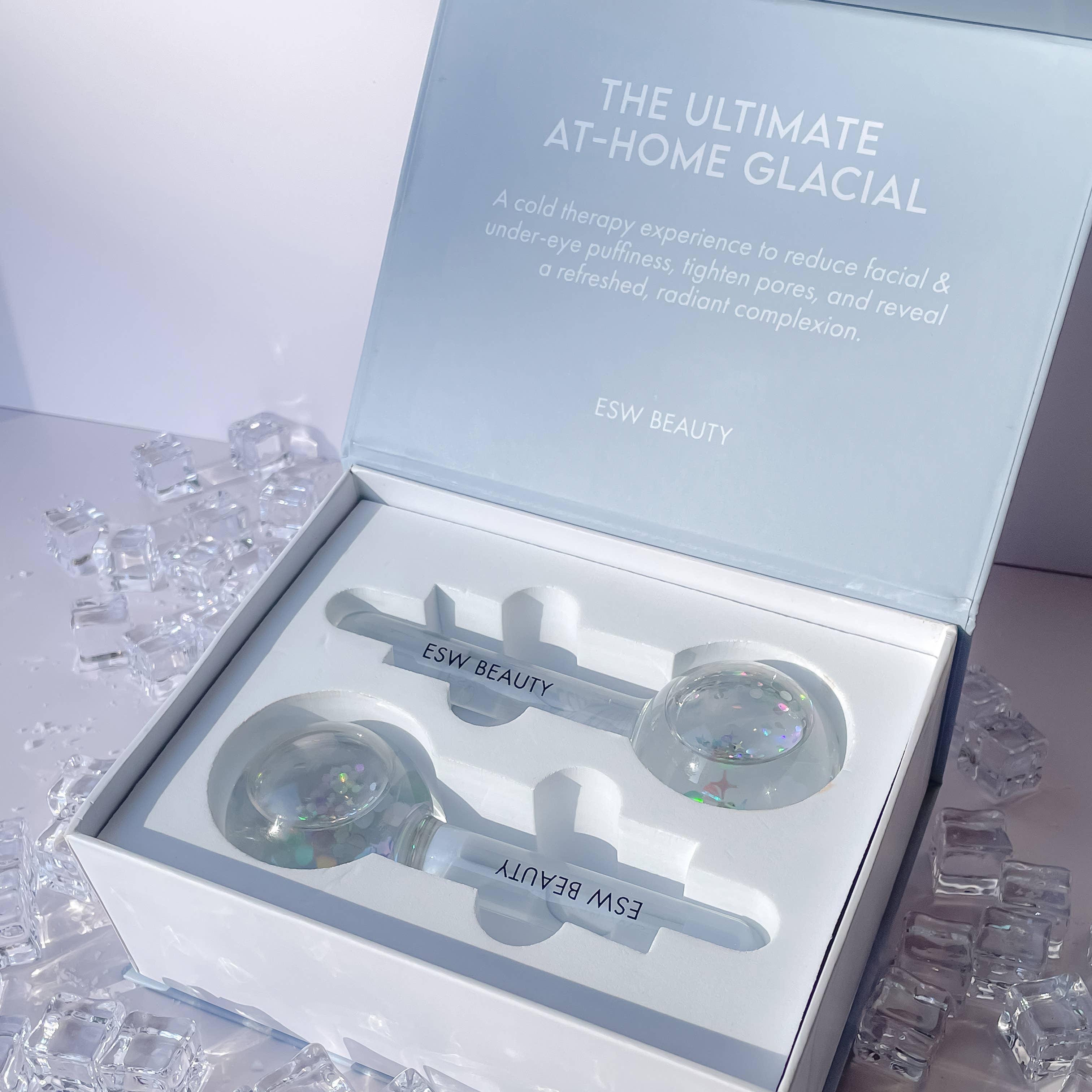 ESW Beauty ice globe set in packaging with ice cubes around