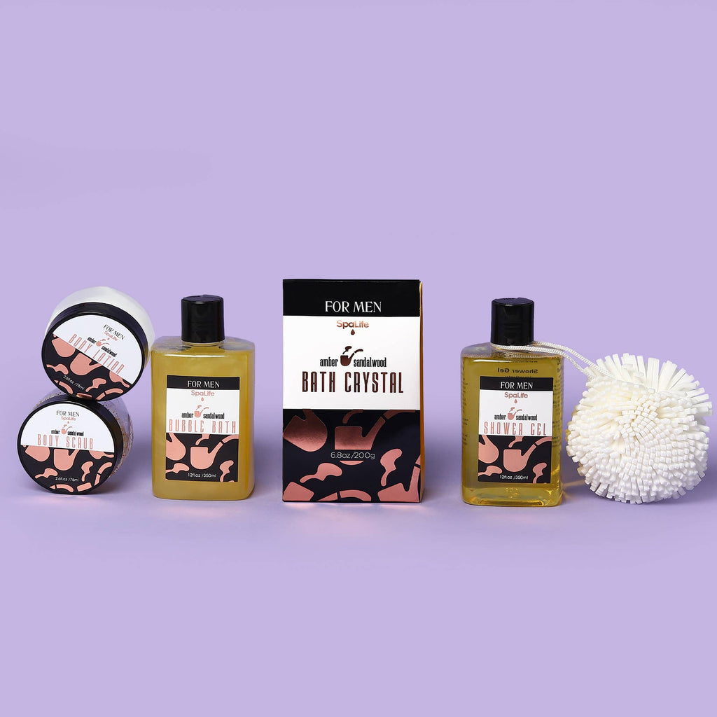Men's grooming products including bath crystal, shower gel, and scrub on a purple background