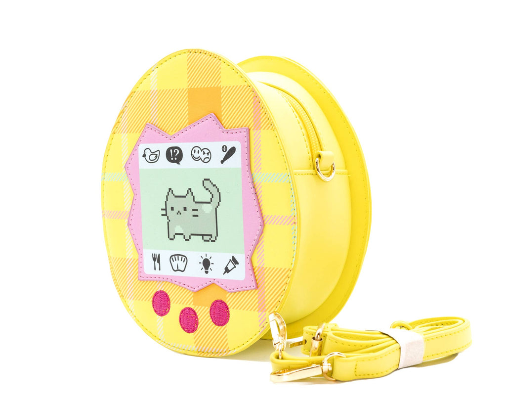 Yellow virtual pet crossbody bag with a cat on it with a white background