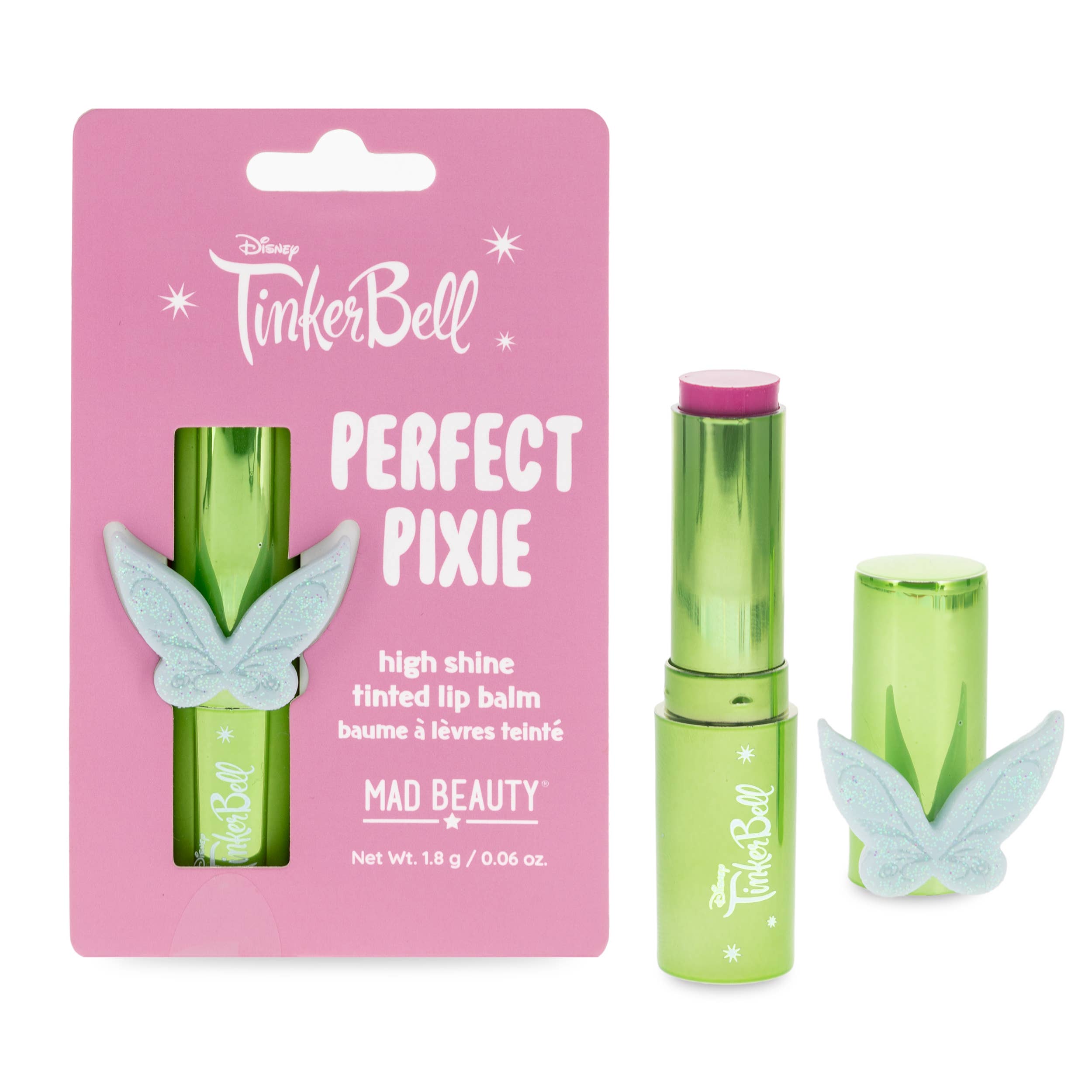 Tinkerbell lip balm in and out of packaging against a white background