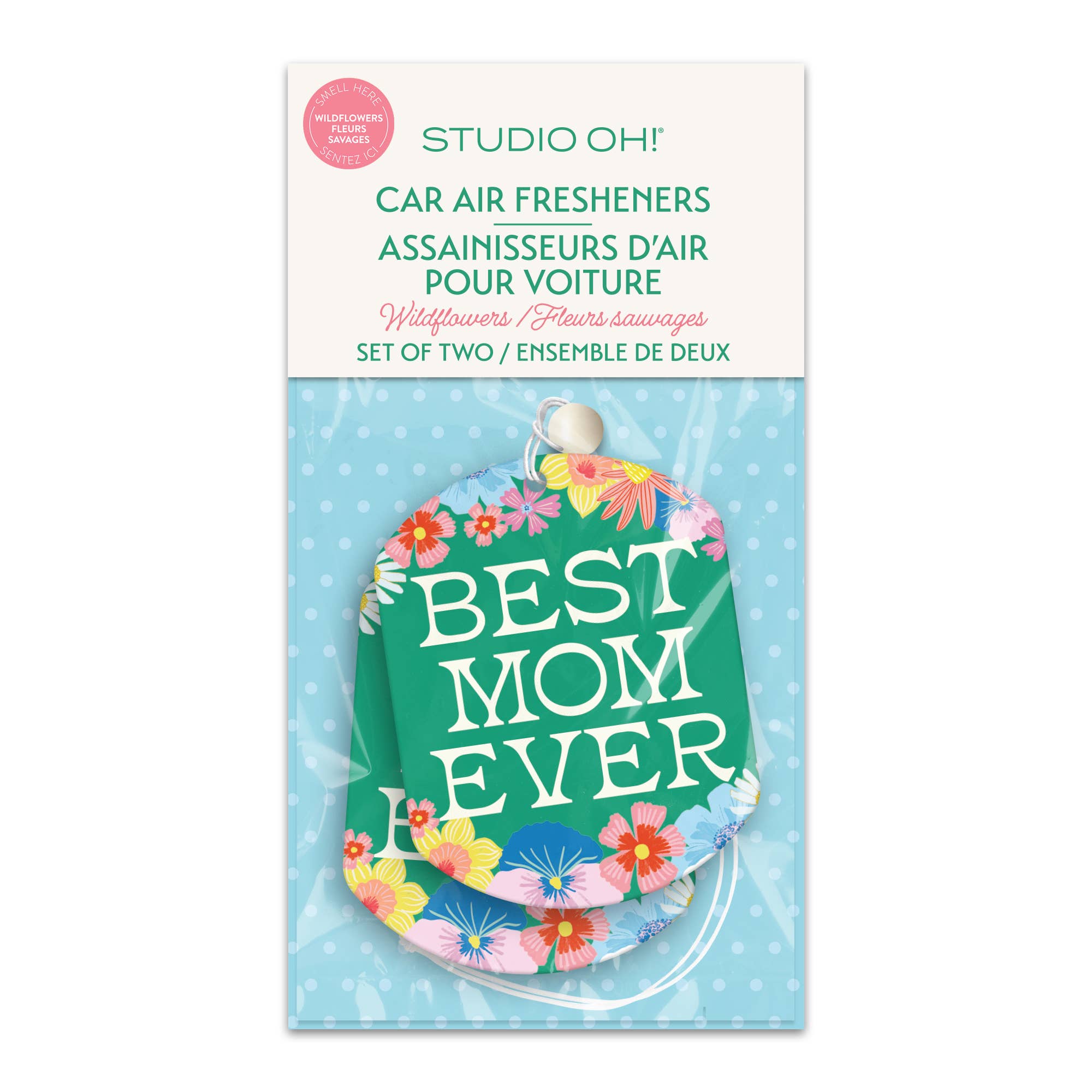 Car air freshener packaging with 'Best Mom Ever' text and floral design on a blue and white polka dot background.