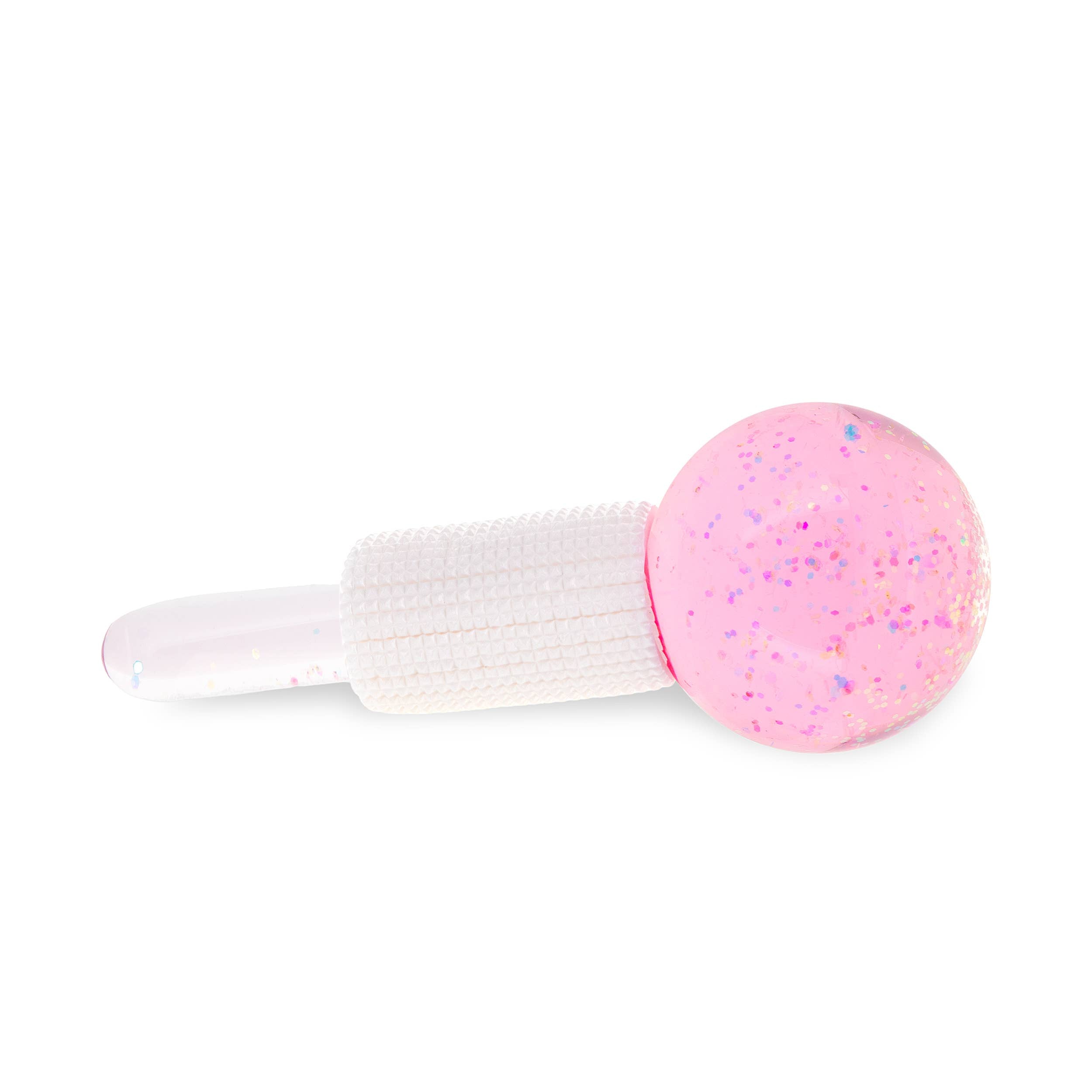 Pink glittery ice globe with a white handle on a white background