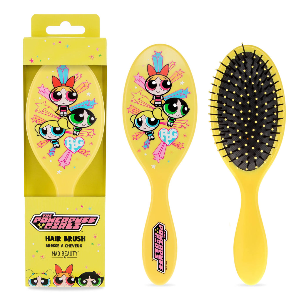 Yellow hairbrush with Powerpuff Girls design and packaging on a white background
