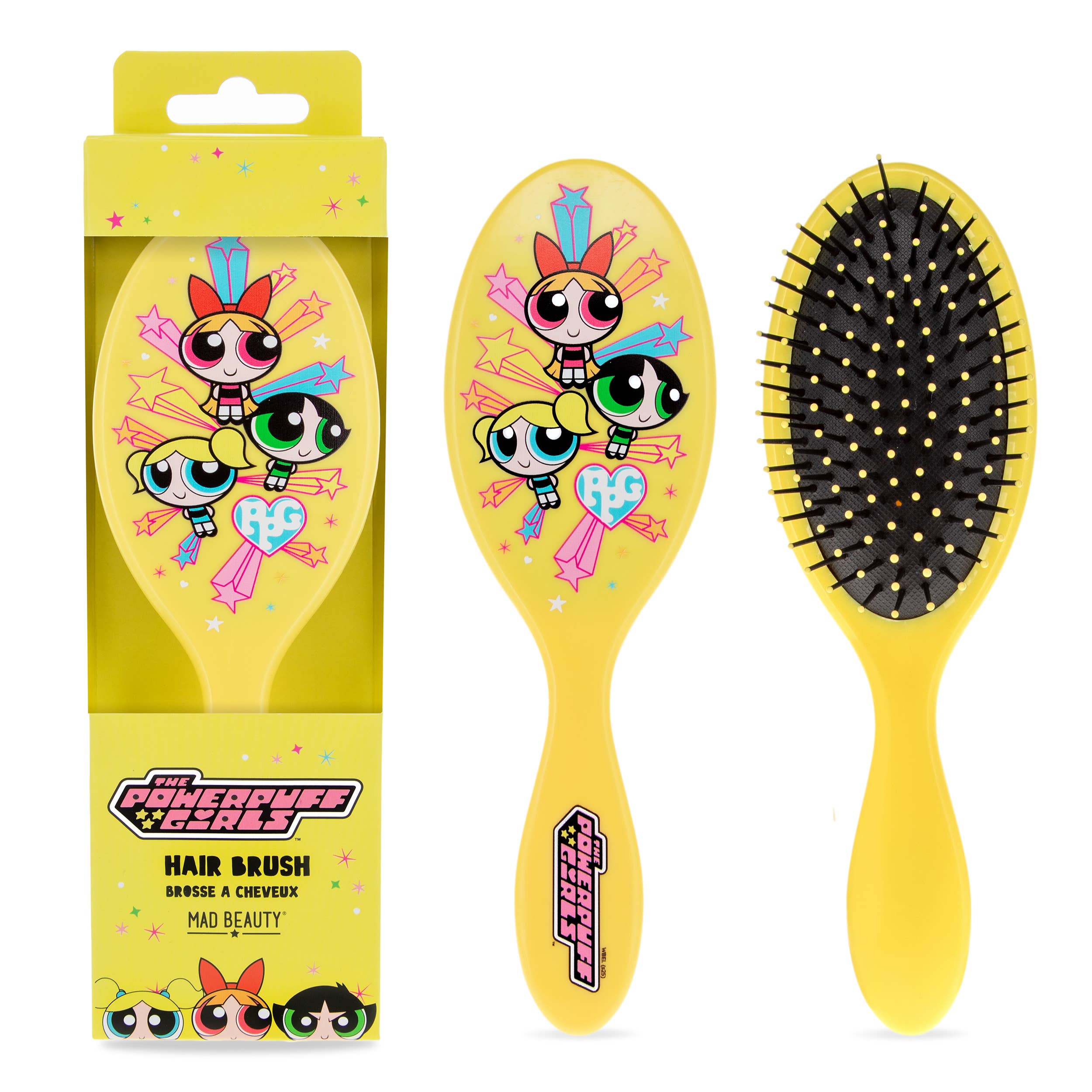 Yellow hairbrush with Powerpuff Girls design and packaging on a white background