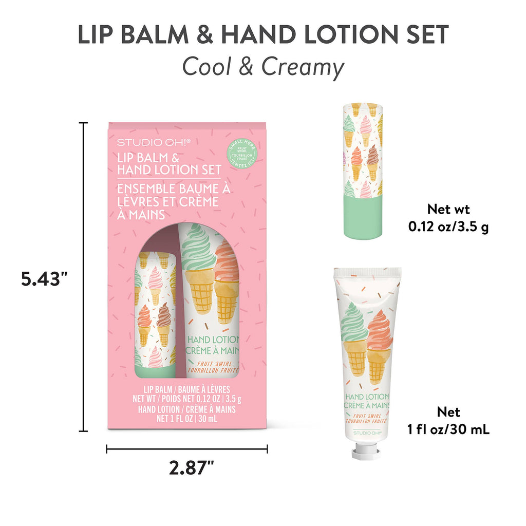 Lip balm and hand lotion set with packaging dimensions and product details on a white background